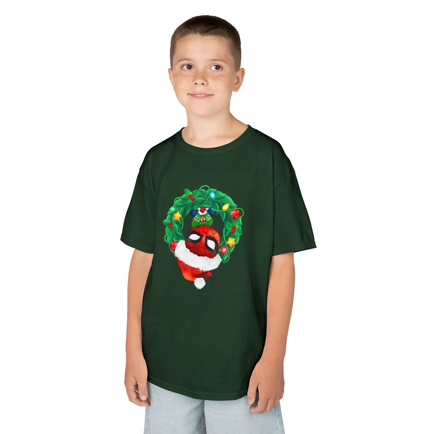 Spidey Wreath Kids Christmas Tee – Superhero Holiday Shirt for Kids Heavy Cotton T-Shirt
