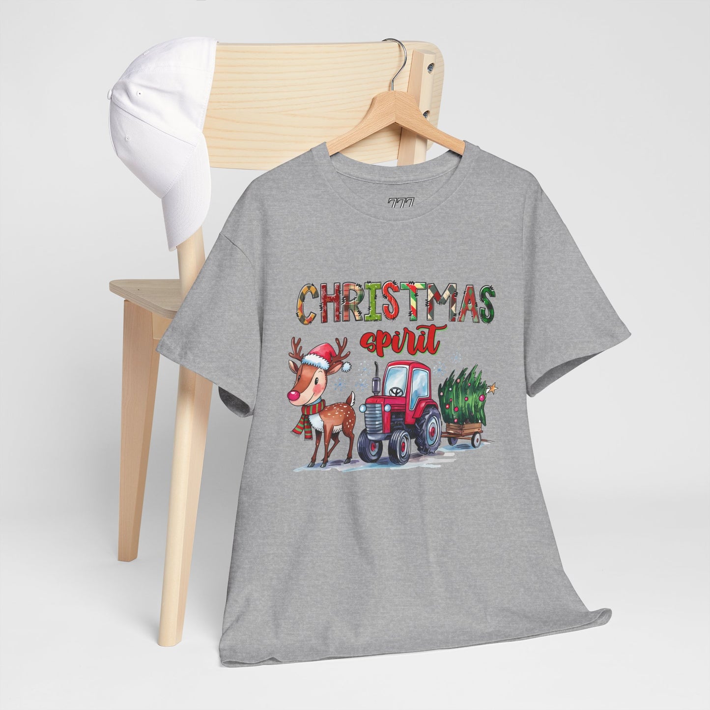 Christmas Spirit Unisex Heavy Cotton T-Shirt – Cute Reindeer & Red Tractor Holiday Tee