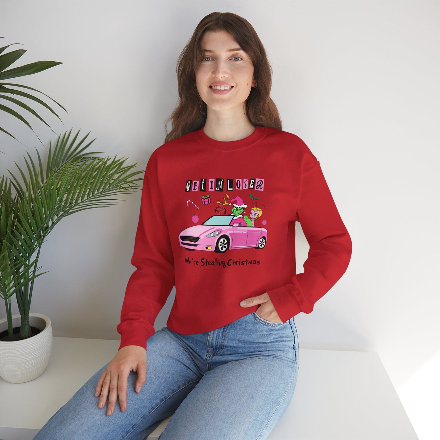 Get In Loser We’re Stealing Christmas Crewneck – Funny Green Holiday Creature Sweatshirt (Unisex)