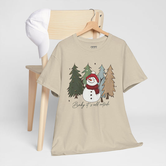 Baby It’s Cold Outside Snowman Christmas Tee – Cozy Winter Aesthetic Holiday Unisex Heavy Cotton T-Shirt