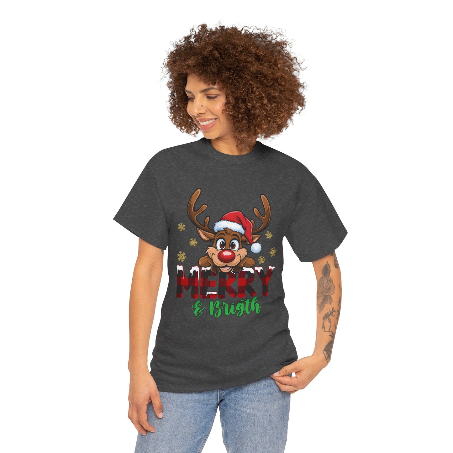 Merry & Bright Unisex Heavy Cotton T-Shirt – Cute Christmas Reindeer Holiday Tee