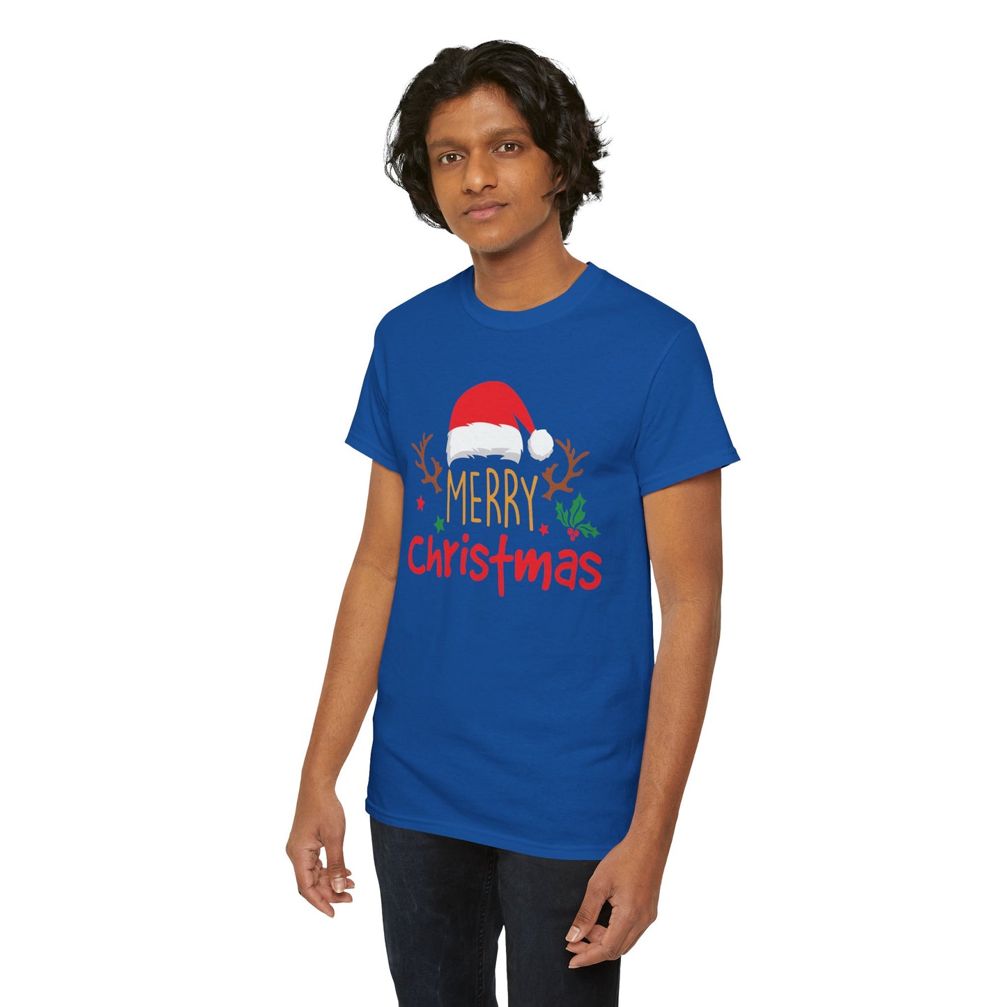 Merry Christmas Reindeer Unisex T-Shirt – Santa Hat Holiday Graphic Tee, Festive Xmas Shirt