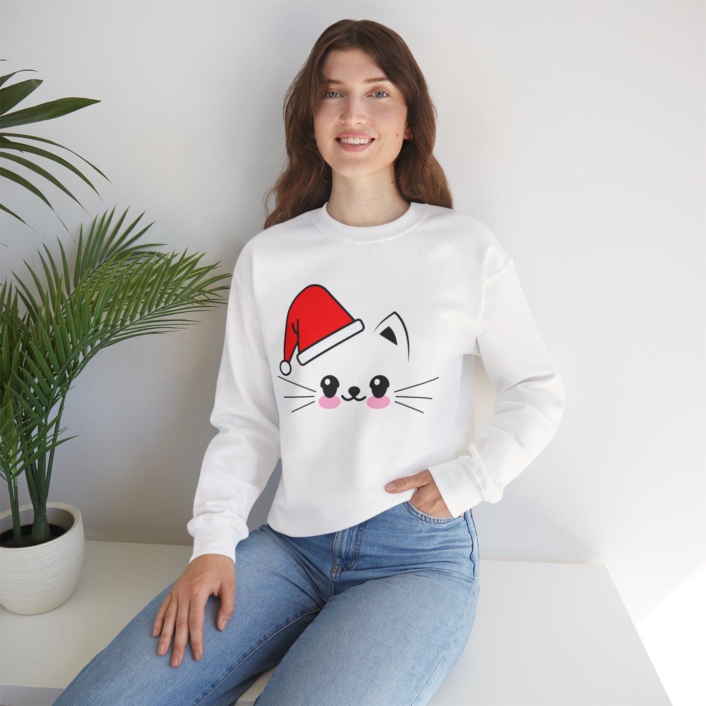 Cat Santa Christmas Crewneck – Cute Kawaii Cat Holiday Sweatshirt (Unisex)