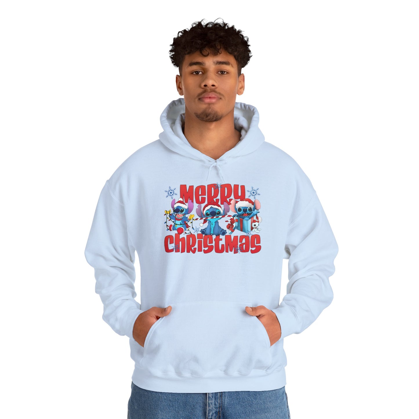 Merry Christmas Unisex Heavy Blend Hooded Sweatshirt – Cute Blue Holiday Characters Hoodie