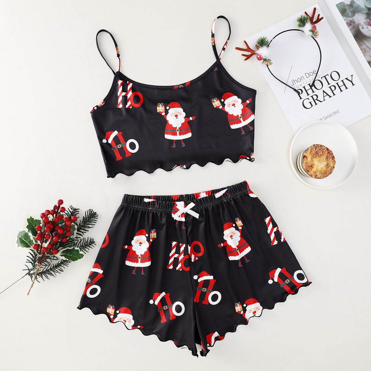 Women’s Christmas Two-Piece Pajama Set – Sleeveless Holiday Cami & Shorts Sleepwear