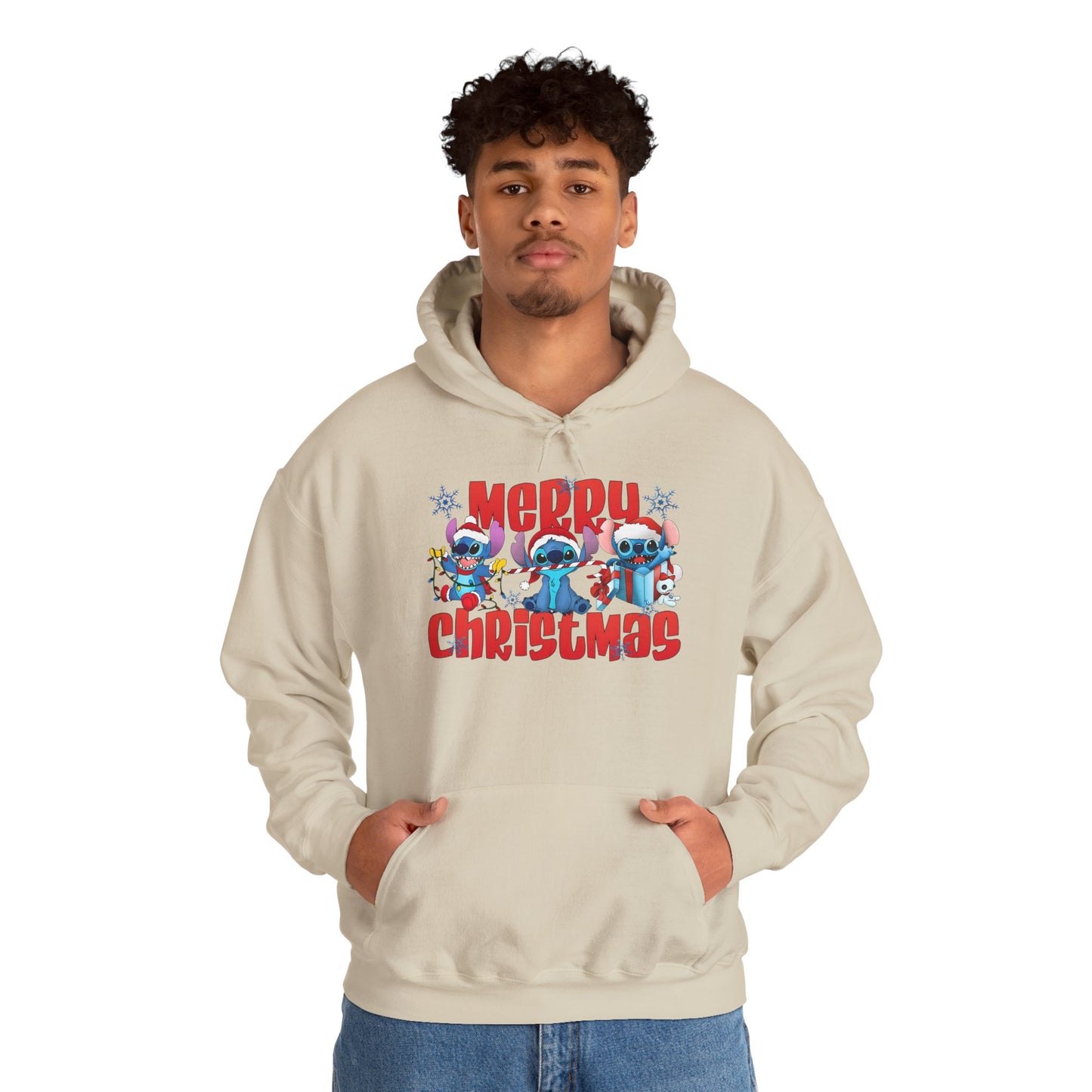 Merry Christmas Unisex Heavy Blend Hooded Sweatshirt – Cute Blue Holiday Characters Hoodie