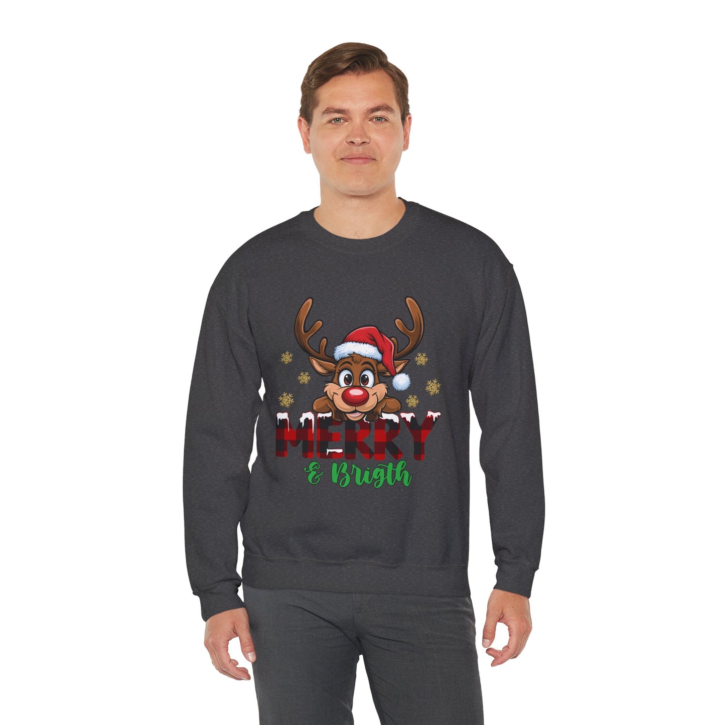 Merry & Bright Unisex Heavy Blend Crewneck Sweatshirt – Cute Christmas Reindeer Holiday Sweater