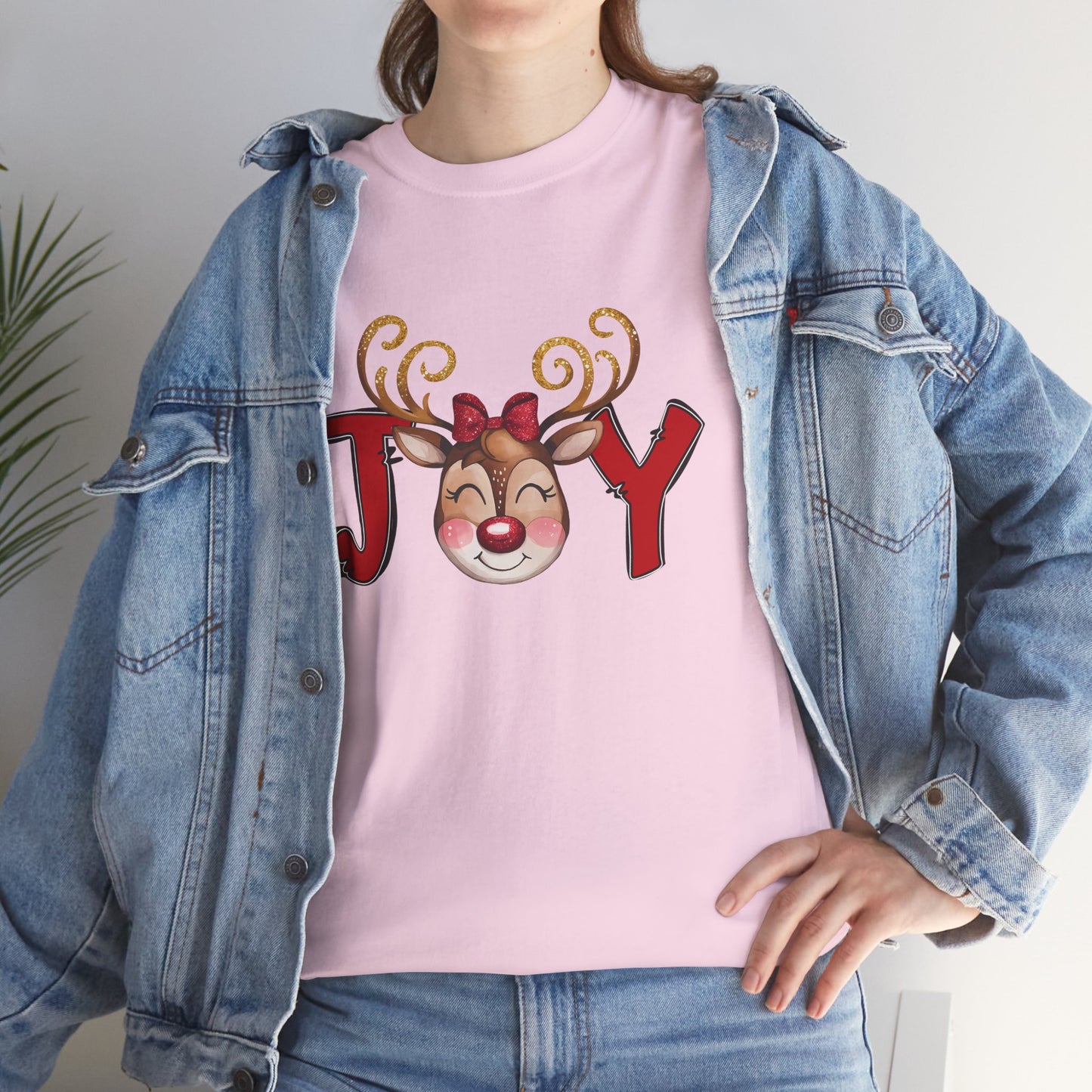 Reindeer Joy Women’s Christmas T-Shirt – Cute Holiday Reindeer Face Heavy Cotton Tee