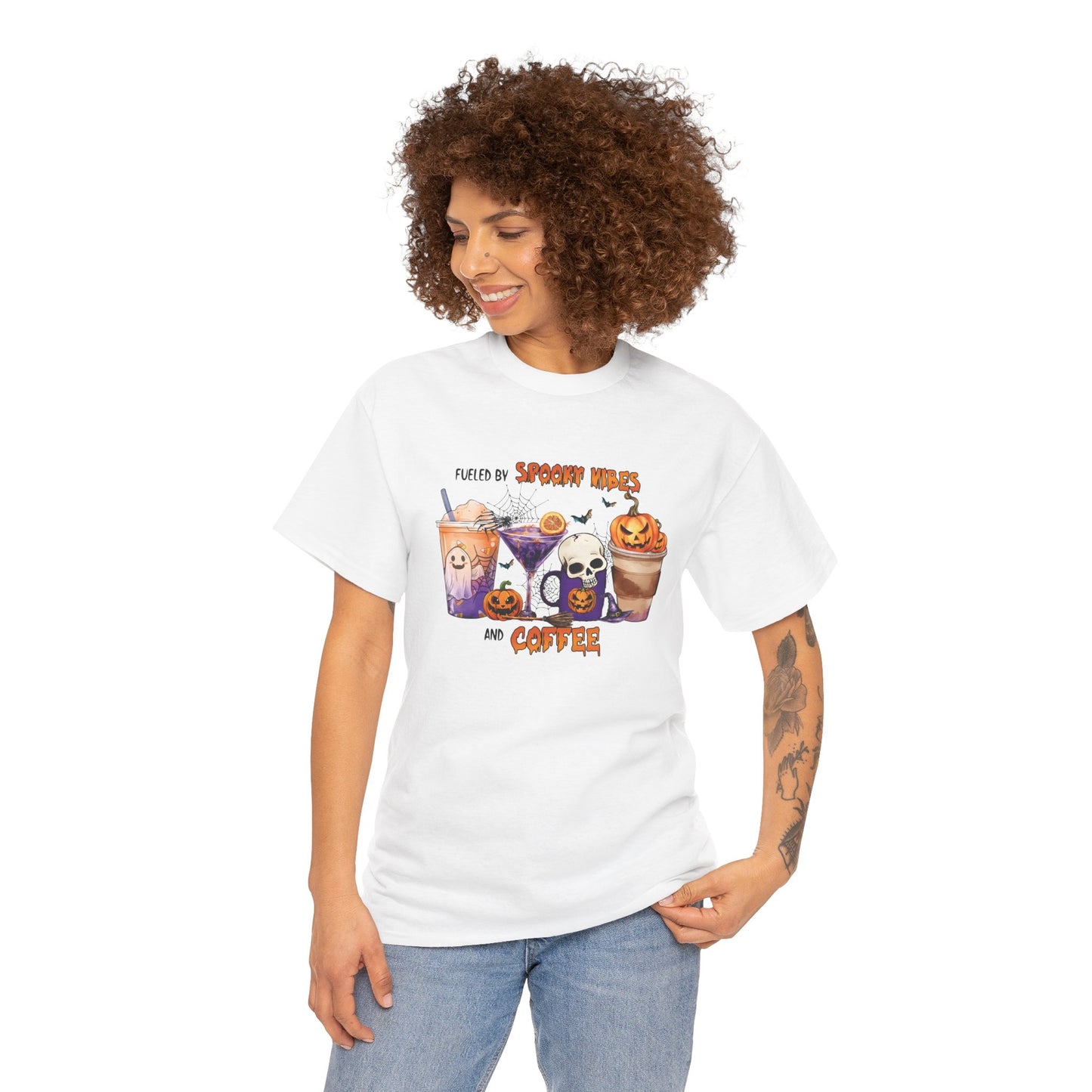Fueled By Spooky Vibes And Coffee Unisex Heavy Cotton T-Shirt
