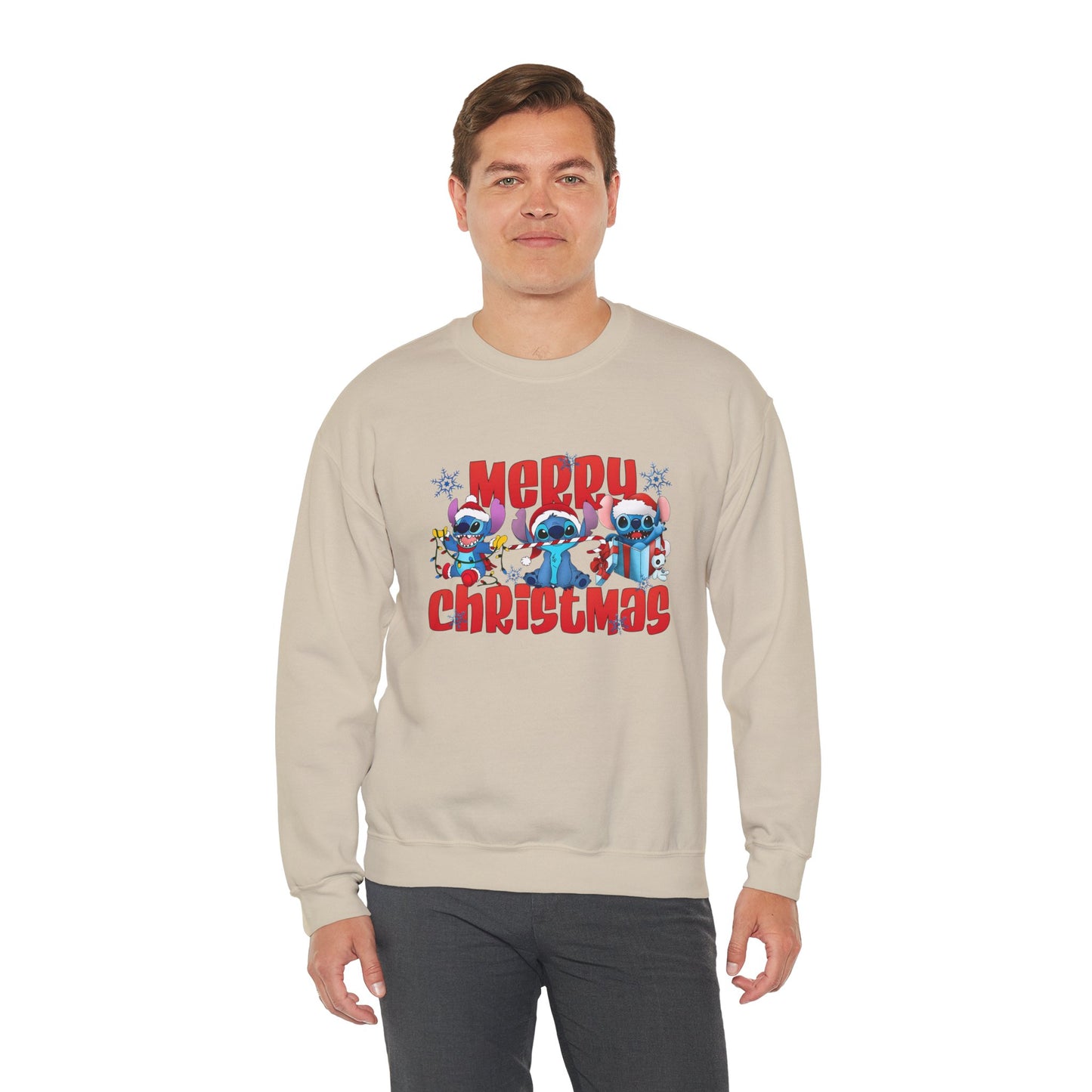 Merry Christmas Unisex Heavy Blend Crewneck Sweatshirt – Cute Blue Holiday Characters Sweater