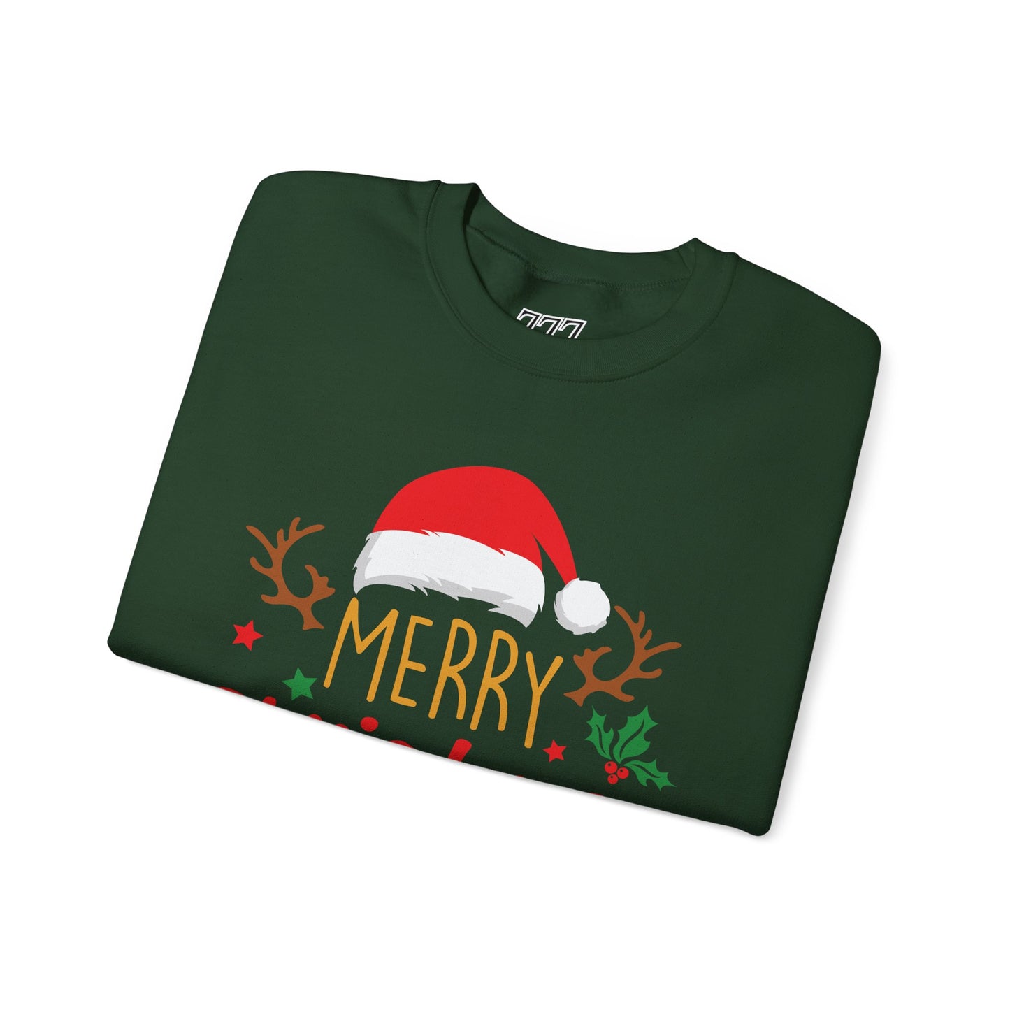 Merry Christmas Reindeer Crewneck – Santa Hat Holiday Unisex Sweatshirt, Festive Xmas Pullover