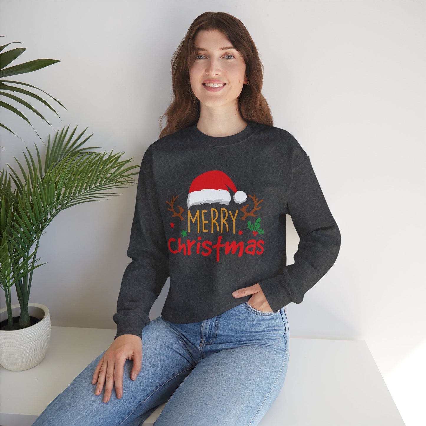 Merry Christmas Reindeer Crewneck – Santa Hat Holiday Unisex Sweatshirt, Festive Xmas Pullover