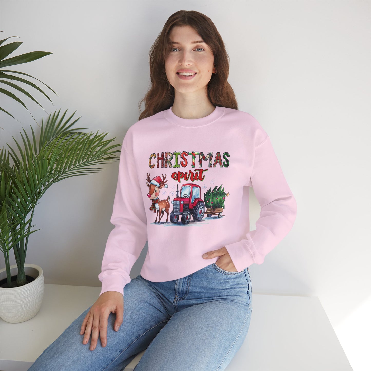Christmas Spirit Unisex Heavy Blend Crewneck Sweatshirt – Cute Reindeer & Red Tractor Holiday Sweater