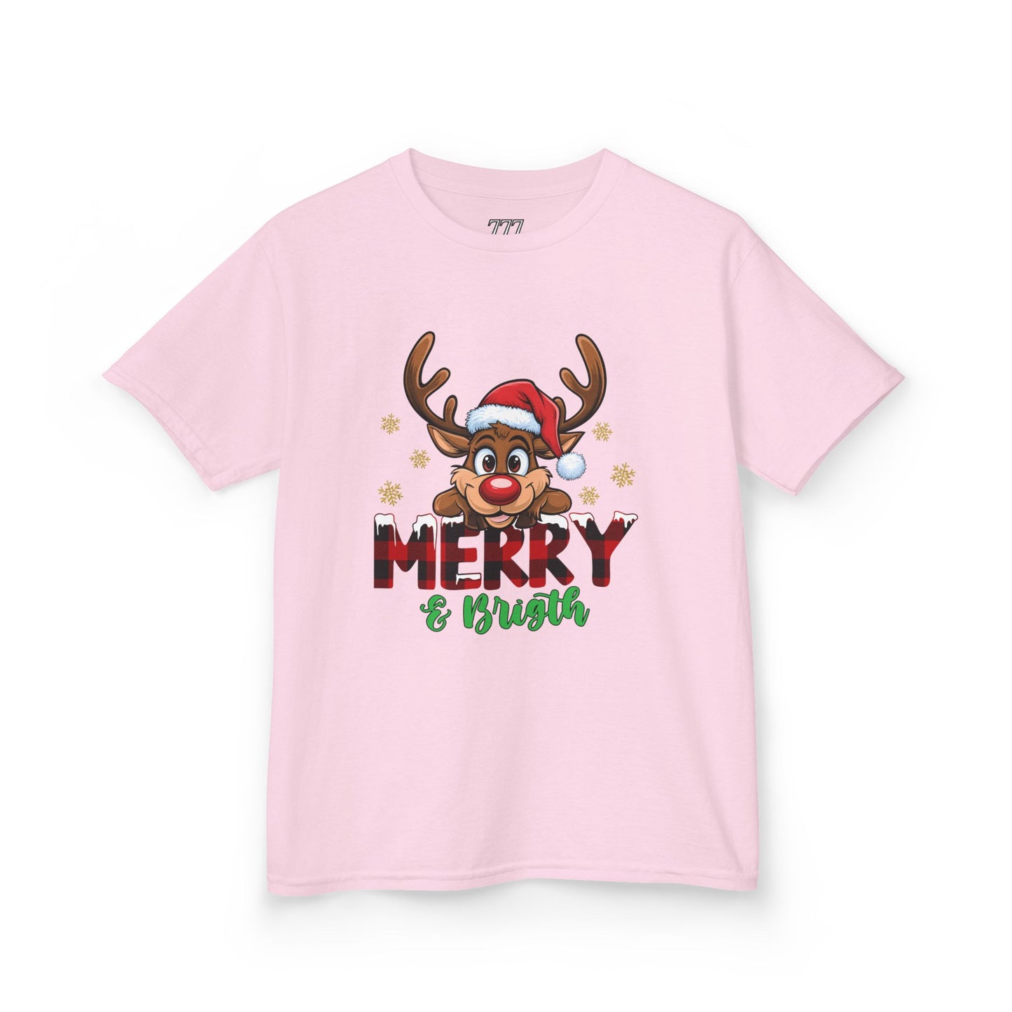Merry & Bright Kids Christmas T-Shirt – Cute Reindeer Holiday Heavy Cotton Tee