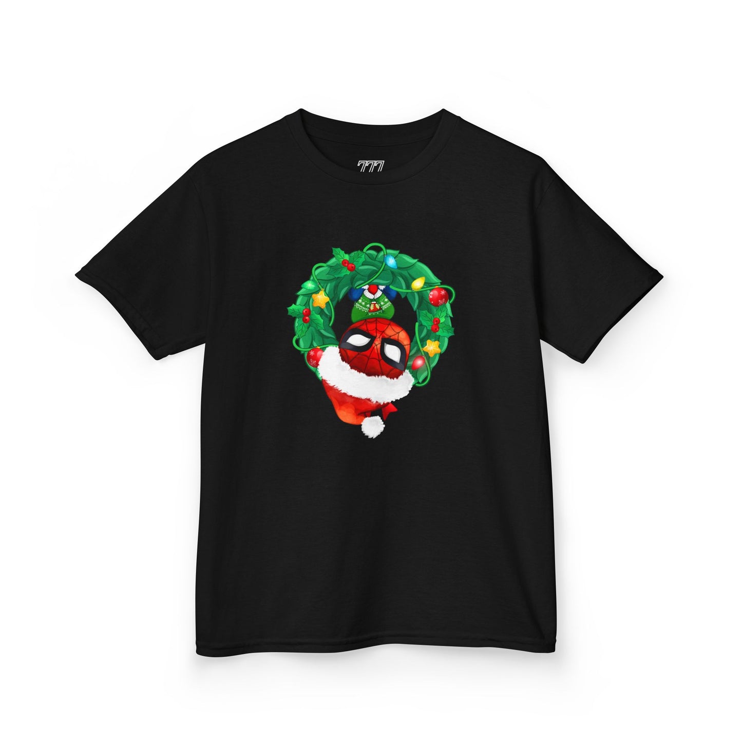 Spidey Wreath Kids Christmas Tee – Superhero Holiday Shirt for Kids Heavy Cotton T-Shirt