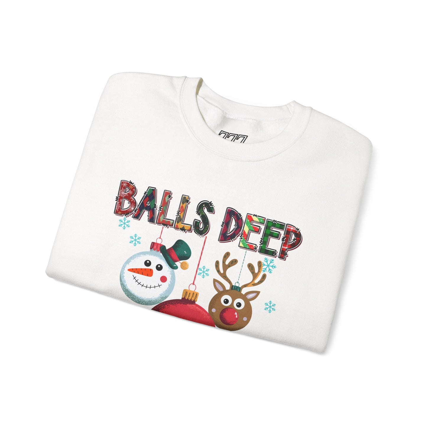 Balls Deep in Christmas Spirit Unisex Heavy Blend Crewneck Sweatshirt – Funny Adult Holiday Snowman & Reindeer Sweater