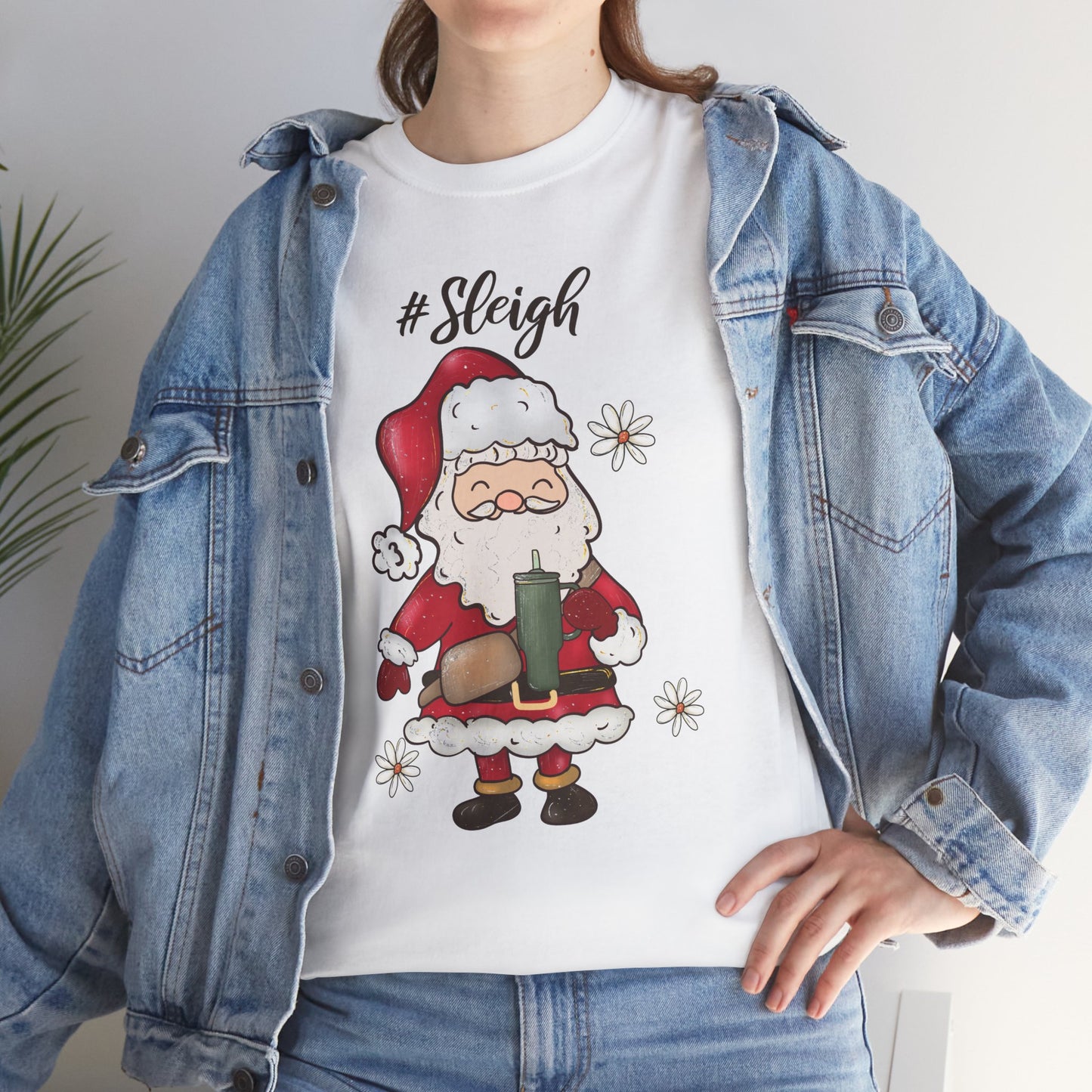 #Sleigh Funny Santa Christmas Tee – Cute Modern Holiday Hashtag Graphic Unisex Heavy Cotton T-Shirt