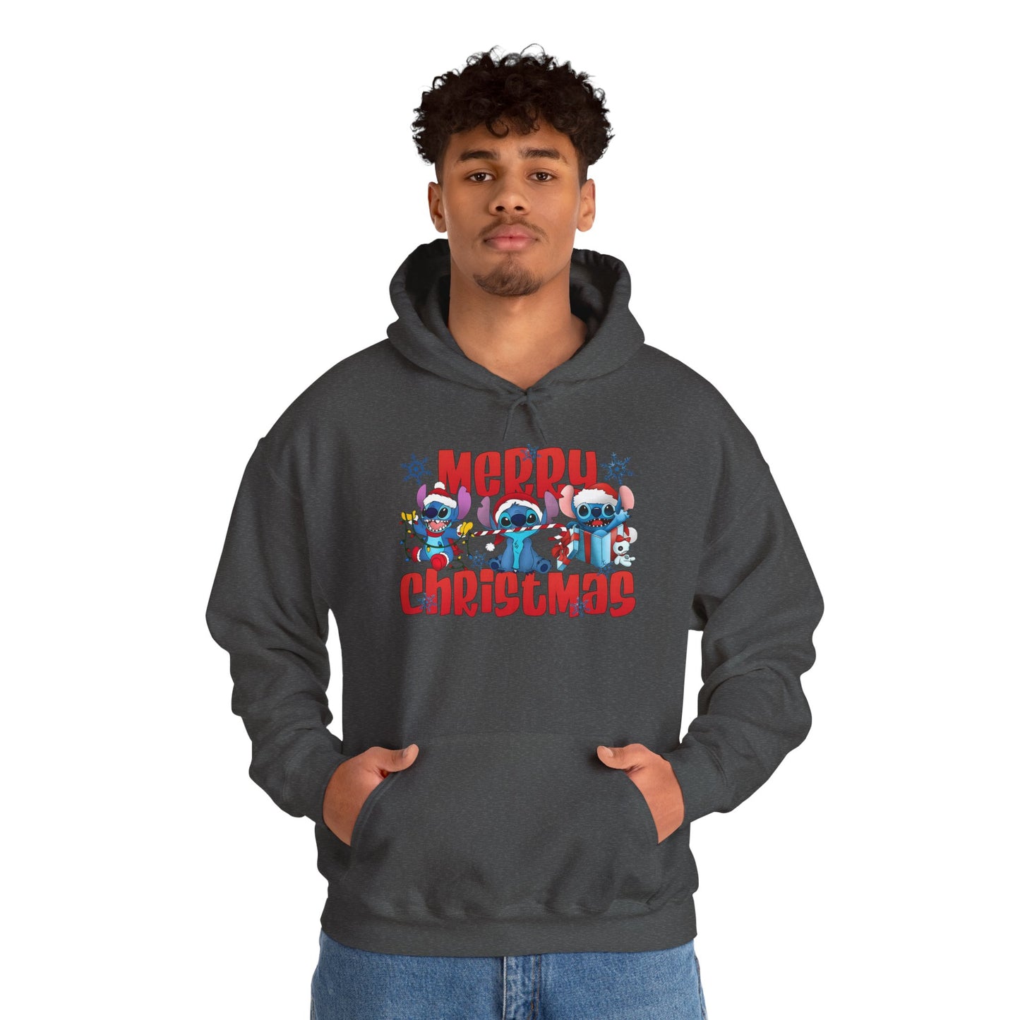 Merry Christmas Unisex Heavy Blend Hooded Sweatshirt – Cute Blue Holiday Characters Hoodie