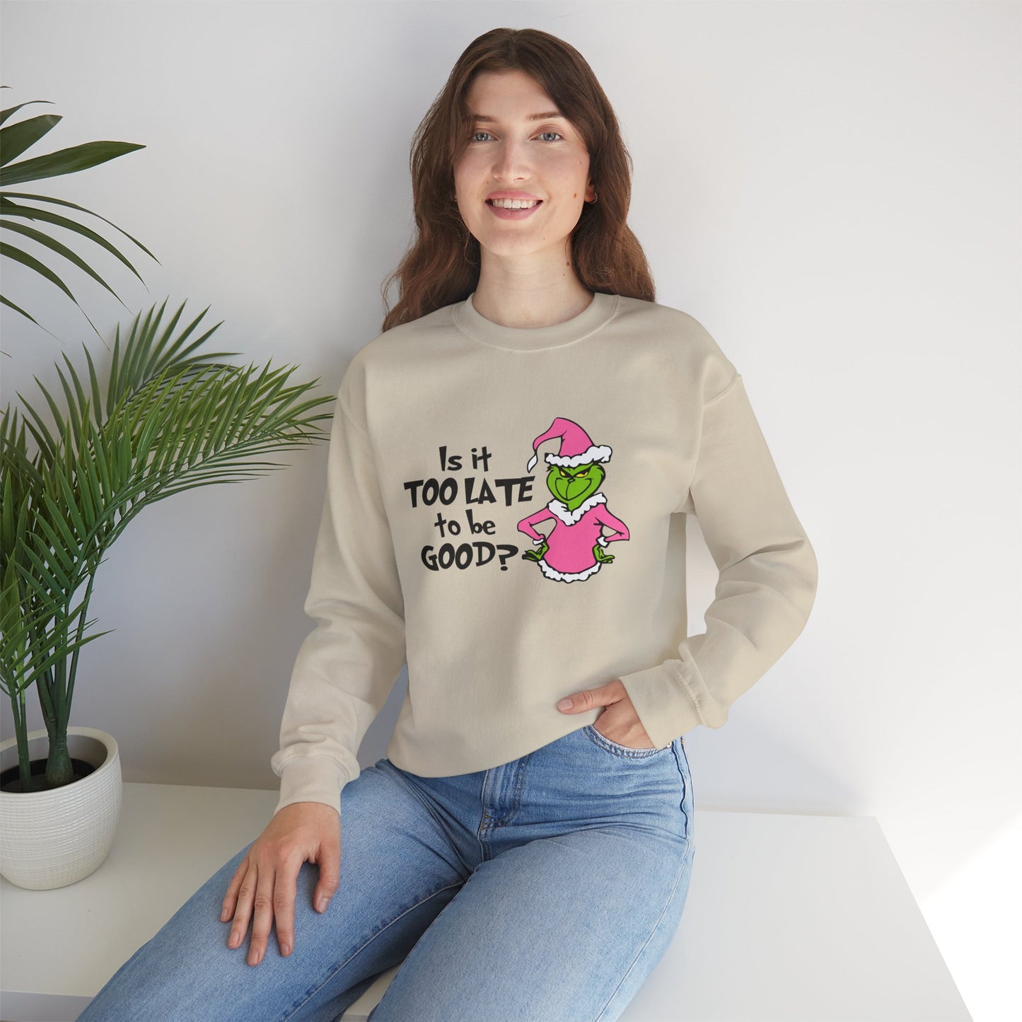 Is It Too Late To Be Good? Funny Christmas Grinch-Inspired Holiday Sweatshirt – Sarcastic Festive Unisex Heavy Blend Crewneck