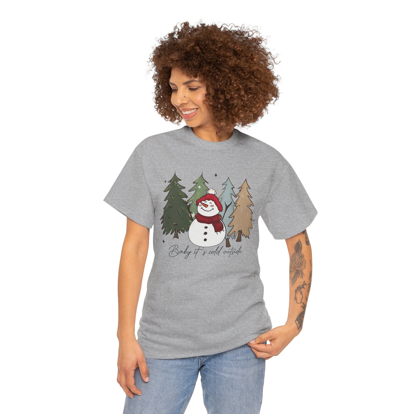 Baby It’s Cold Outside Snowman Christmas Tee – Cozy Winter Aesthetic Holiday Unisex Heavy Cotton T-Shirt