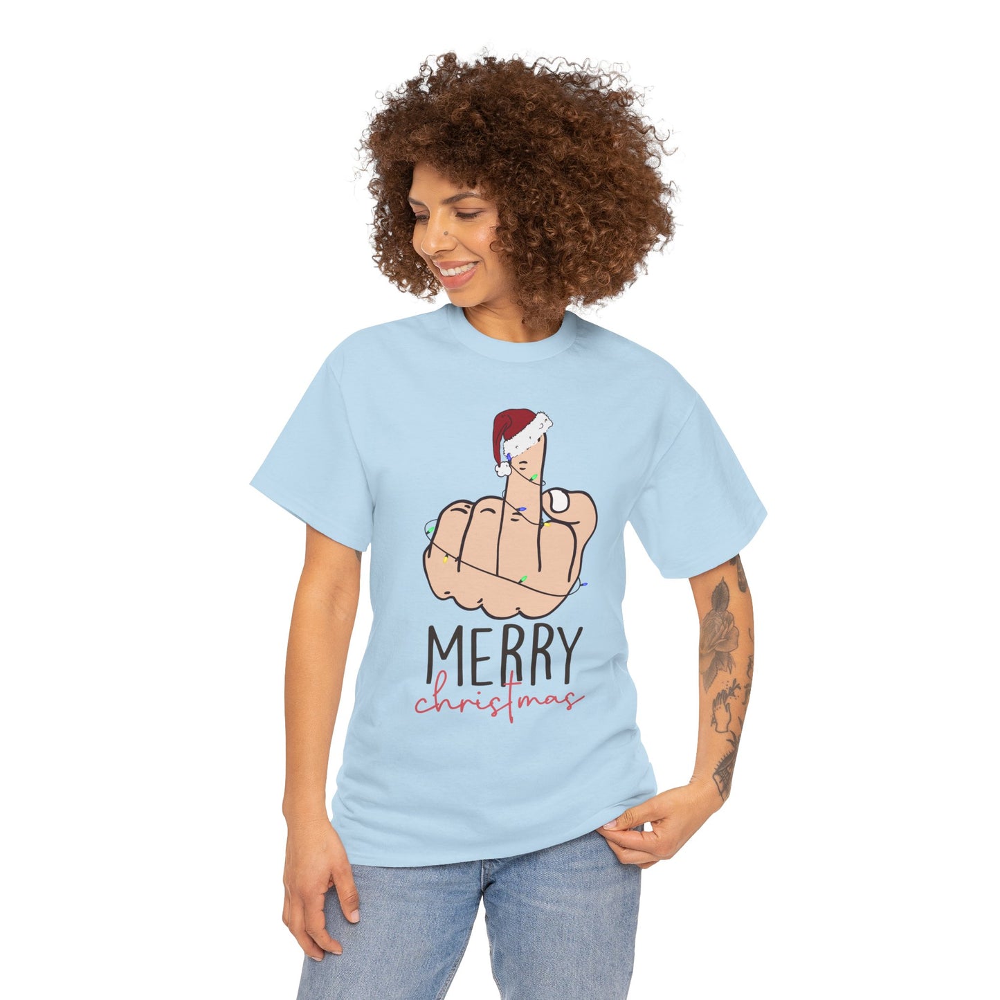 Merry Christmas Middle Finger Funny Adult Holiday Tee – Sarcastic Santa Joke Unisex Heavy Cotton T-Shirt