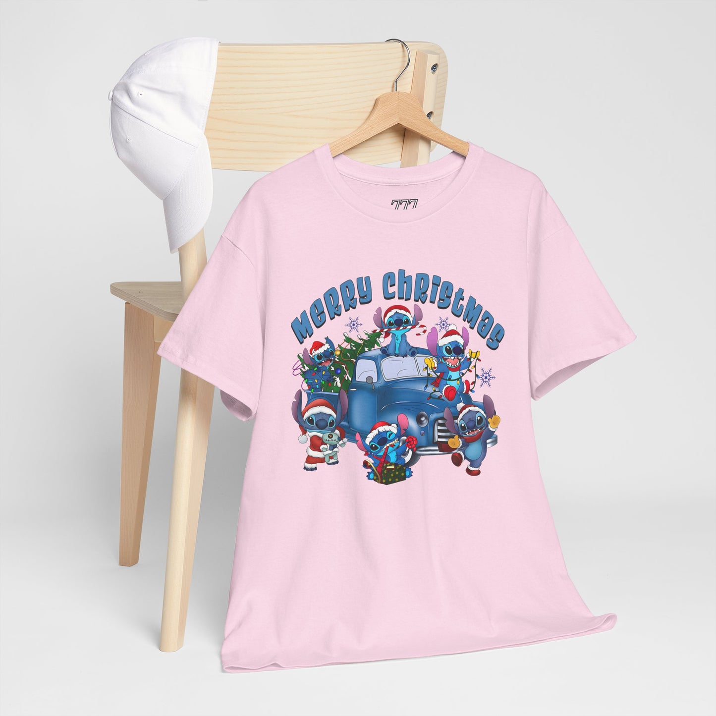 Merry Christmas Unisex Heavy Cotton T-Shirt – Blue Christmas Truck & Cute Holiday Characters Tee
