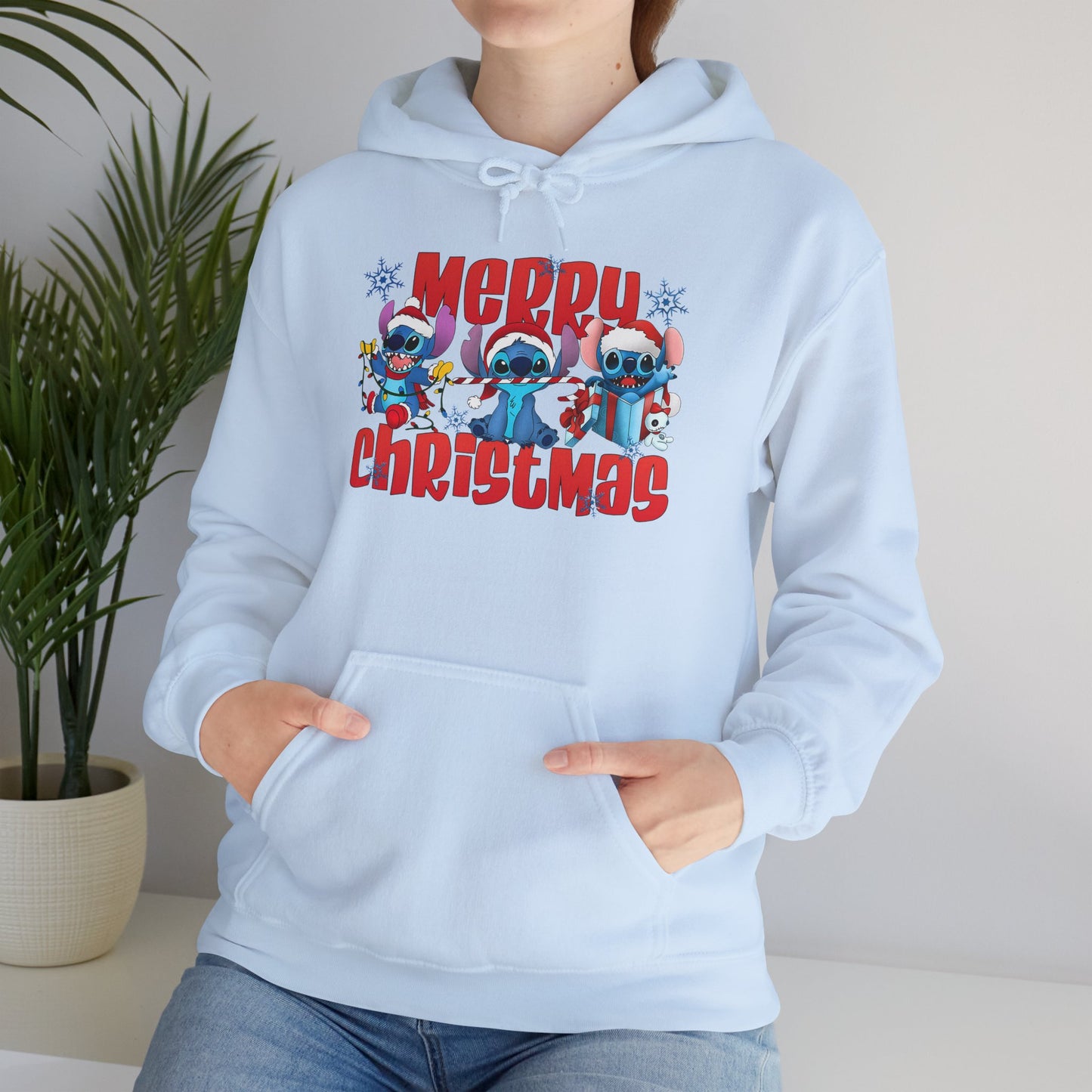 Merry Christmas Unisex Heavy Blend Hooded Sweatshirt – Cute Blue Holiday Characters Hoodie
