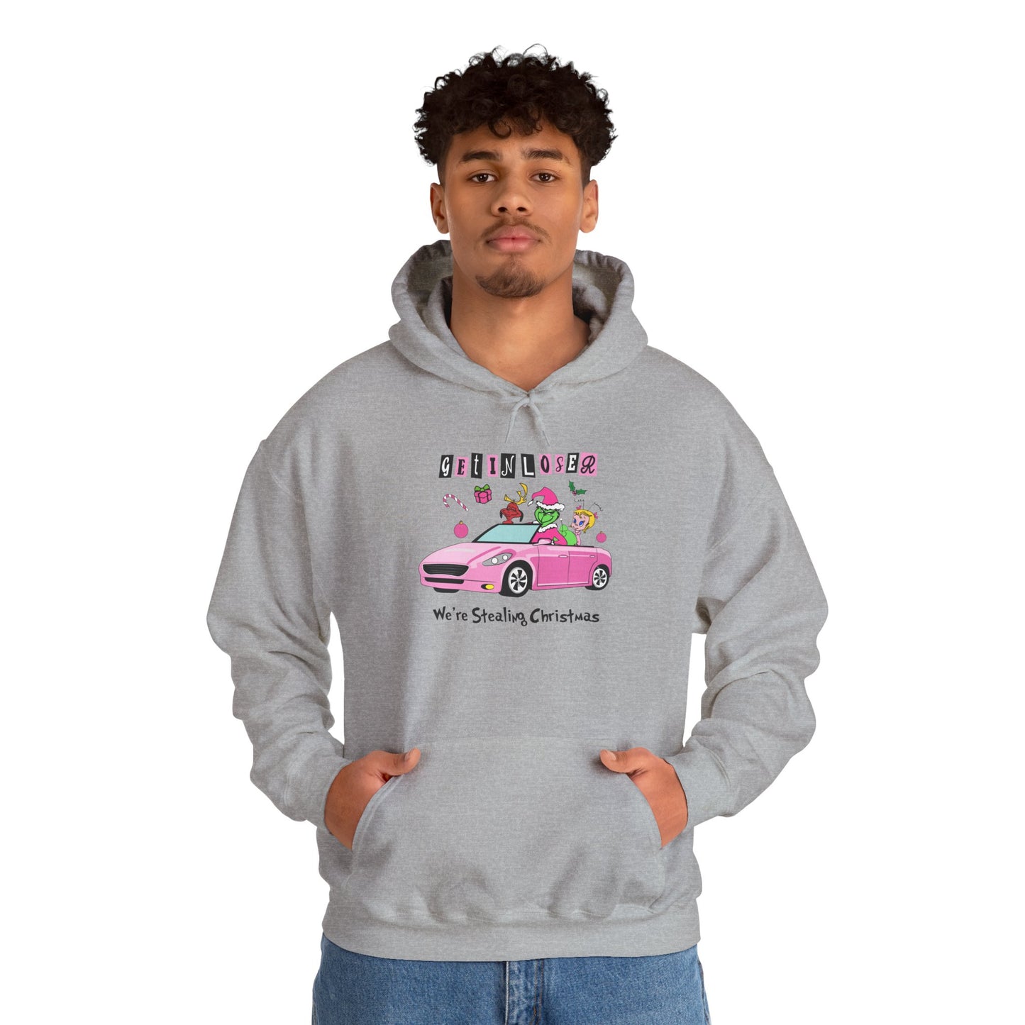 Get In Loser We’re Stealing Christmas Hoodie – Funny Green Holiday Creature Sweatshirt (Unisex)