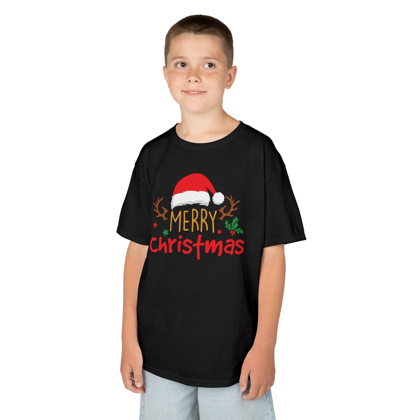 Merry Christmas Reindeer Kids T-Shirt – Cute Holiday Santa Hat Xmas Graphic Tee