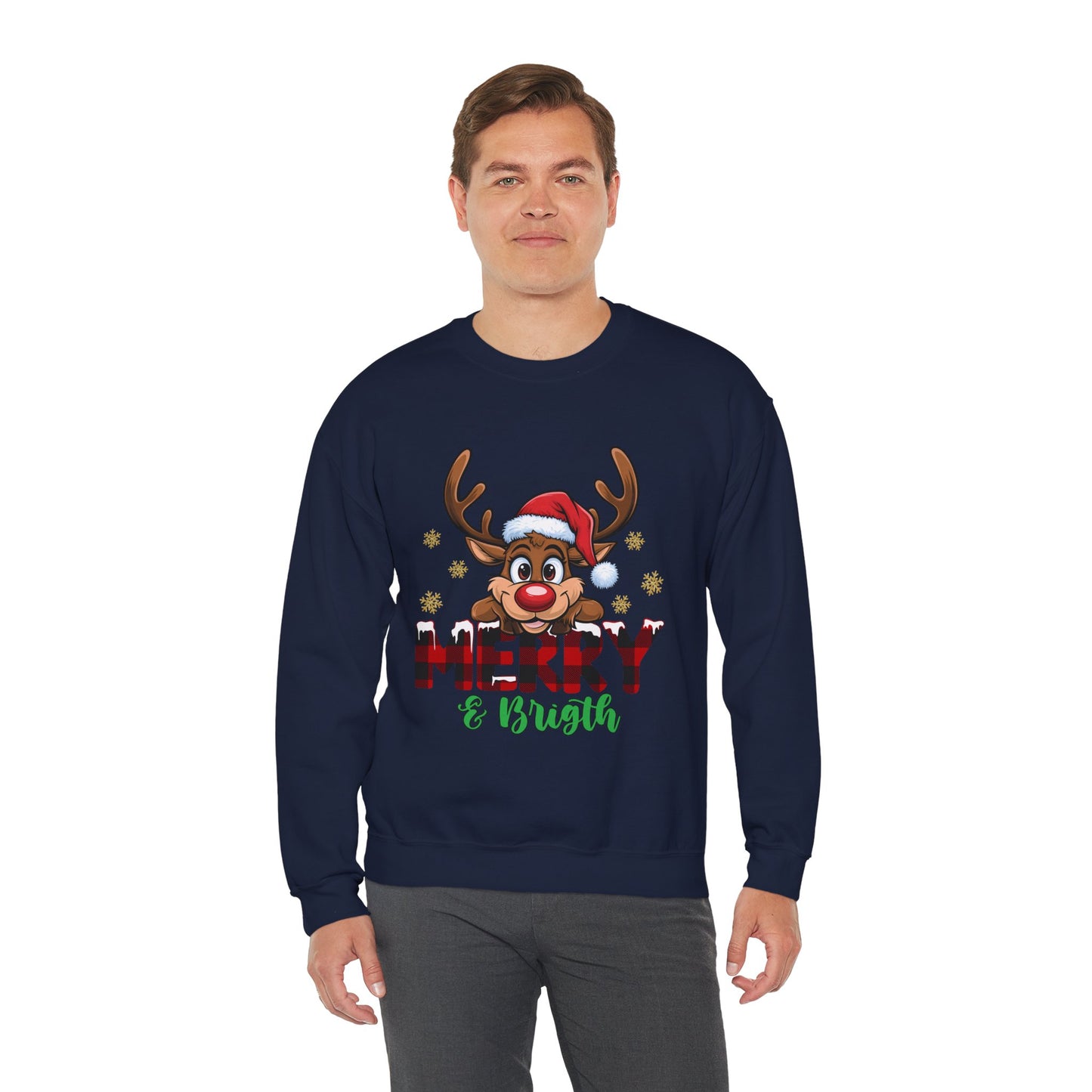 Merry & Bright Unisex Heavy Blend Crewneck Sweatshirt – Cute Christmas Reindeer Holiday Sweater