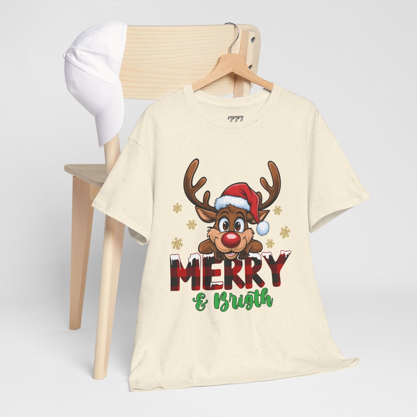 Merry & Bright Unisex Heavy Cotton T-Shirt – Cute Christmas Reindeer Holiday Tee