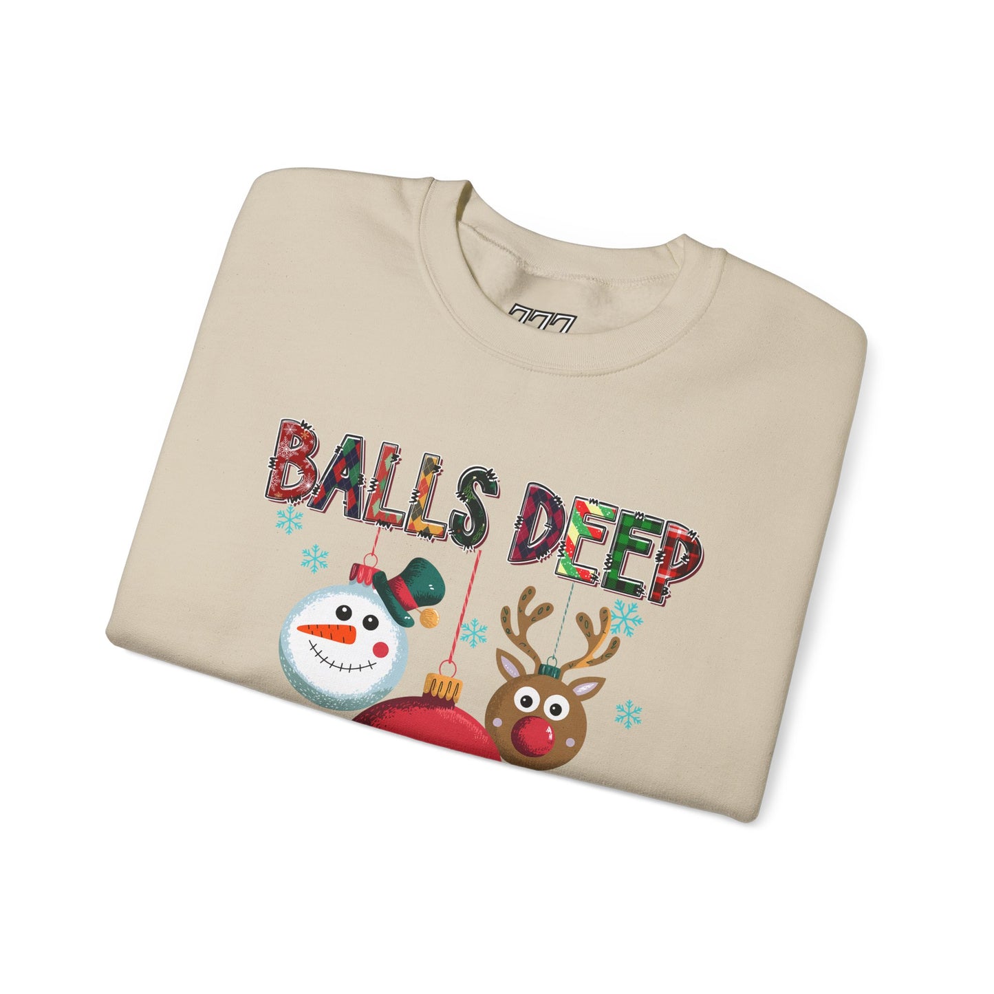 Balls Deep in Christmas Spirit Unisex Heavy Blend Crewneck Sweatshirt – Funny Adult Holiday Snowman & Reindeer Sweater