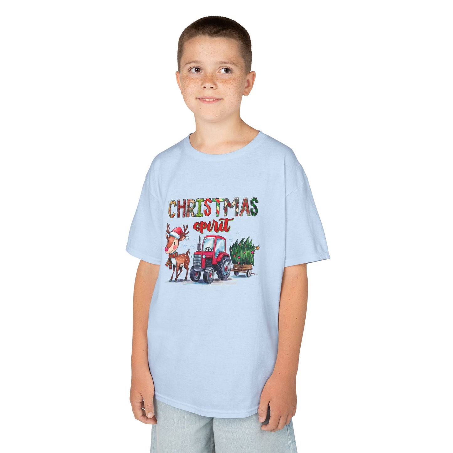 Christmas Spirit Kids T-Shirt – Cute Reindeer & Red Tractor Holiday Tee