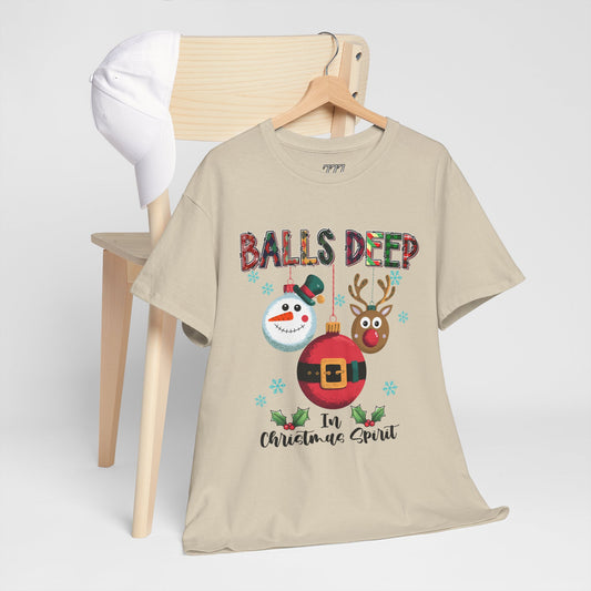 Balls Deep in Christmas Cheer Unisex Heavy Cotton T-Shirt – Funny Adult Holiday Snowman & Reindeer Tee