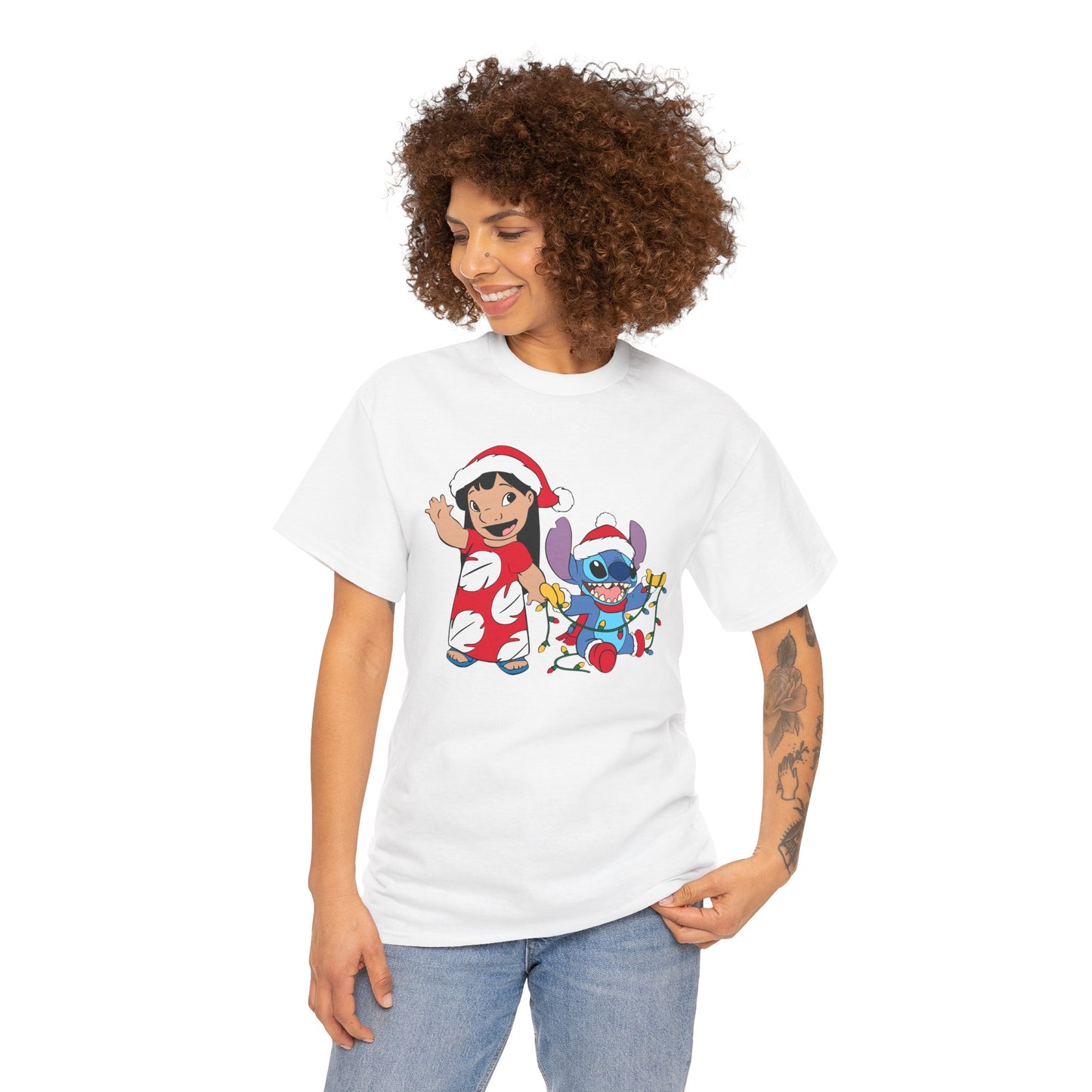 Island Holiday Duo T-Shirt – Festive Blue Alien & Girl Graphic Tee
