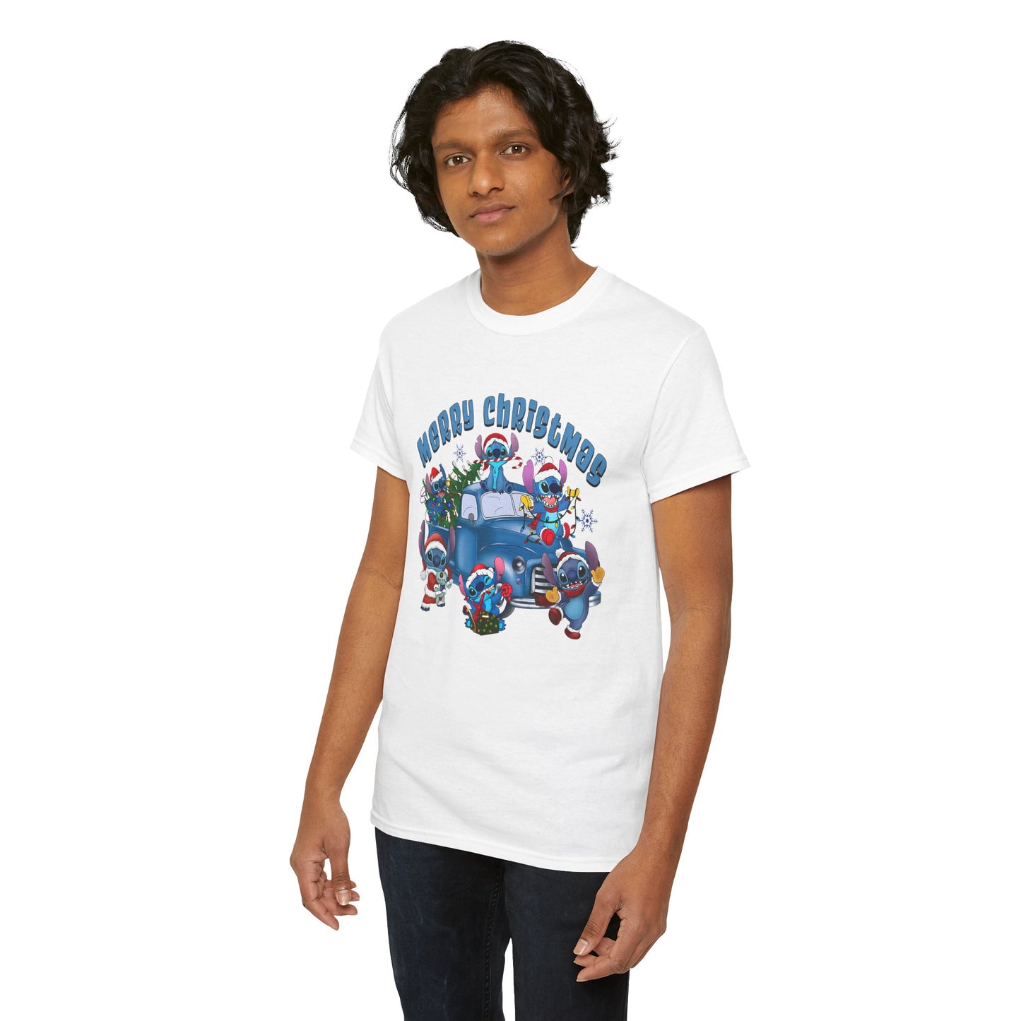 Merry Christmas Unisex Heavy Cotton T-Shirt – Blue Christmas Truck & Cute Holiday Characters Tee