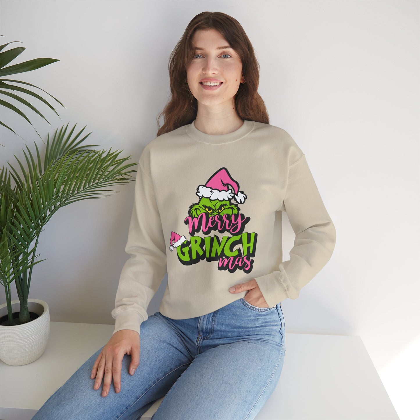 Merry Grinchmas Funny Christmas Grinch-Inspired Holiday Sweatshirt – Pink Santa Festive Unisex Heavy Blend Crewneck