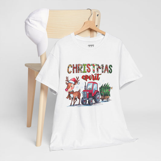 Christmas Spirit Unisex Heavy Cotton T-Shirt – Cute Reindeer & Red Tractor Holiday Tee