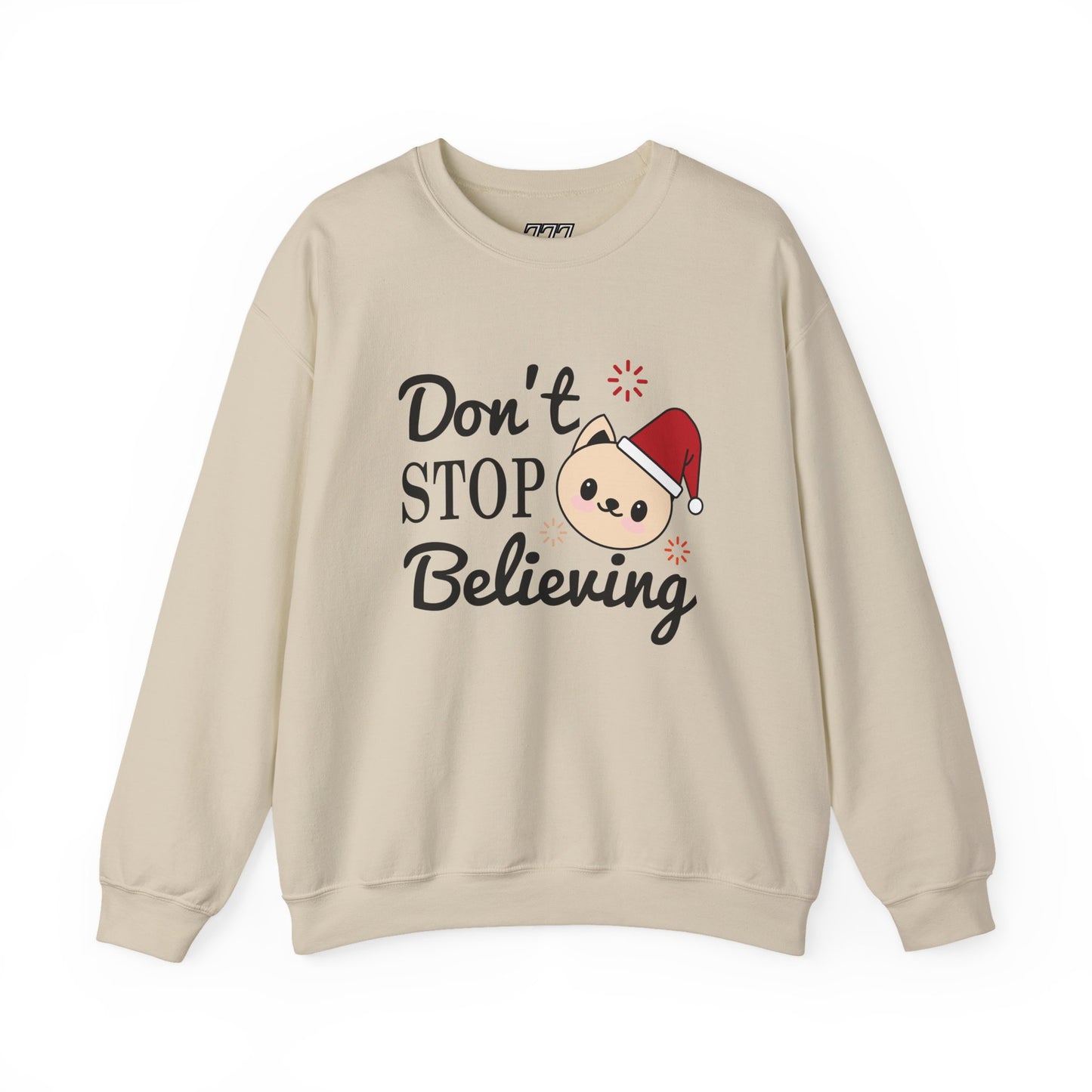 Don’t Stop Believing Christmas Crewneck – Cute Santa Cat Holiday Sweatshirt (Unisex)