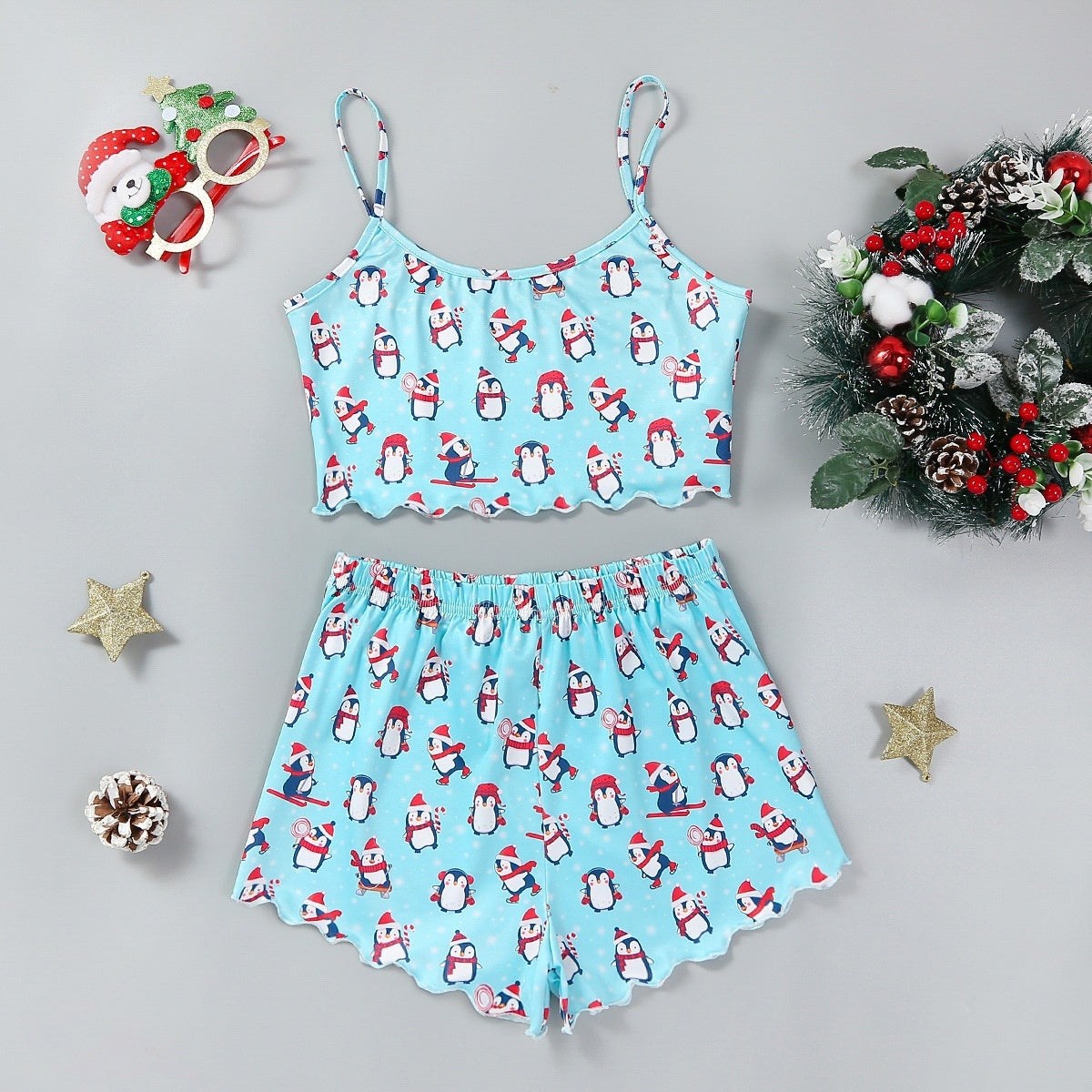 Women’s Christmas Two-Piece Pajama Set – Sleeveless Holiday Cami & Shorts Sleepwear