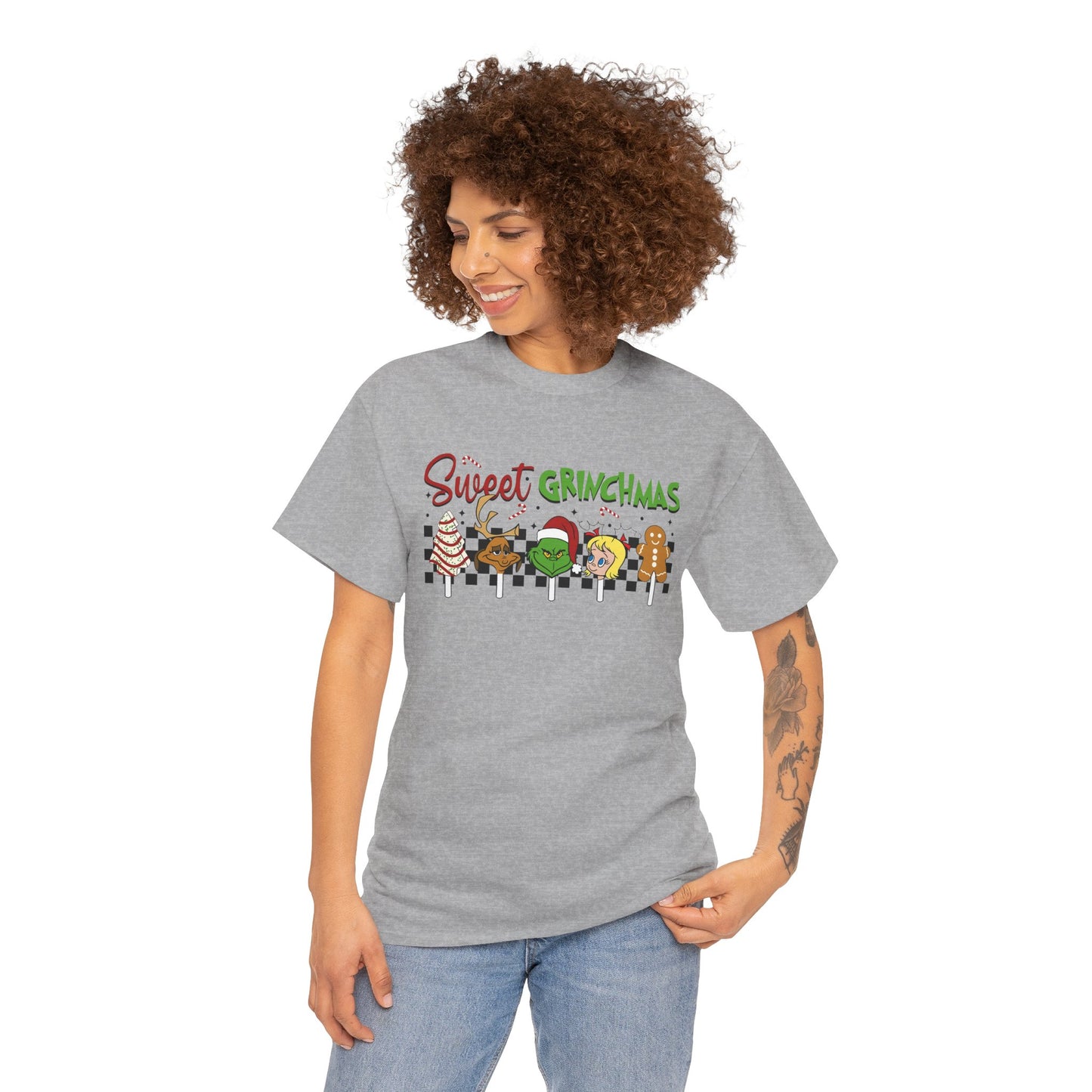 Sweet Grinchmas Candy Characters Funny Christmas Grinch-Inspired Holiday Tee – Festive Unisex Heavy Cotton T-Shirt