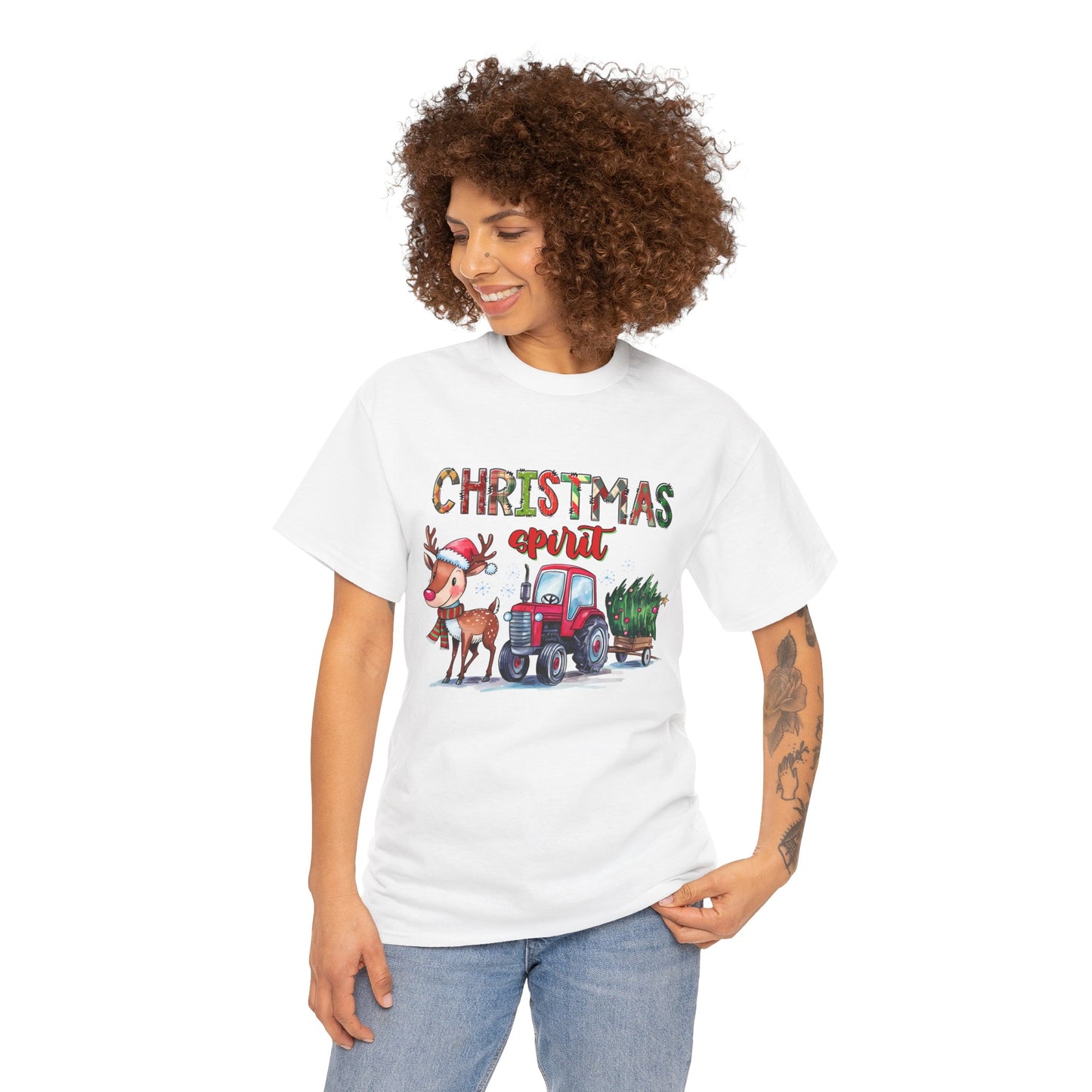 Christmas Spirit Unisex Heavy Cotton T-Shirt – Cute Reindeer & Red Tractor Holiday Tee