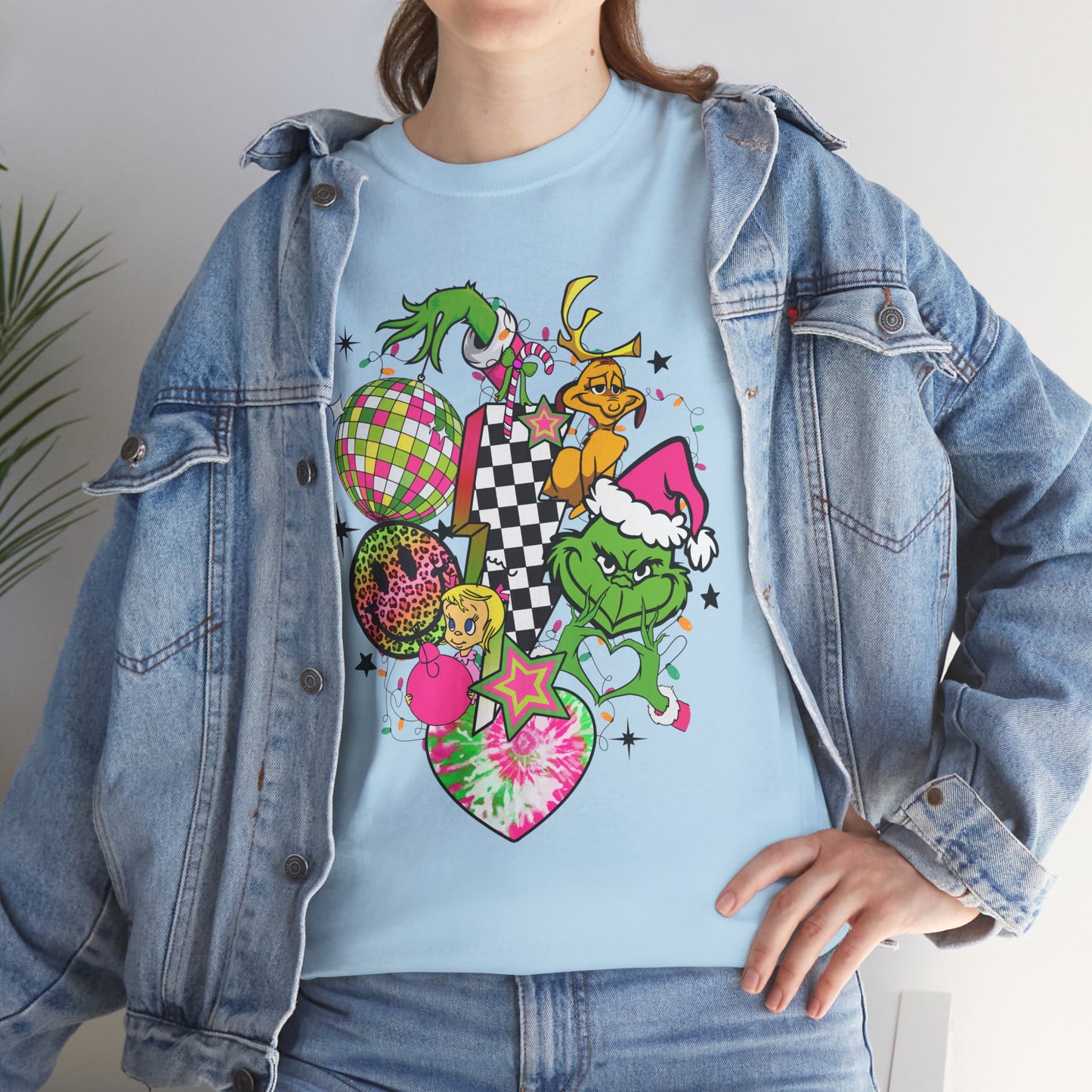 Grinchy Bell Christmas T-Shirt – Neon Holiday Hearts & Grumpy Green Vibes Tee (Unisex)