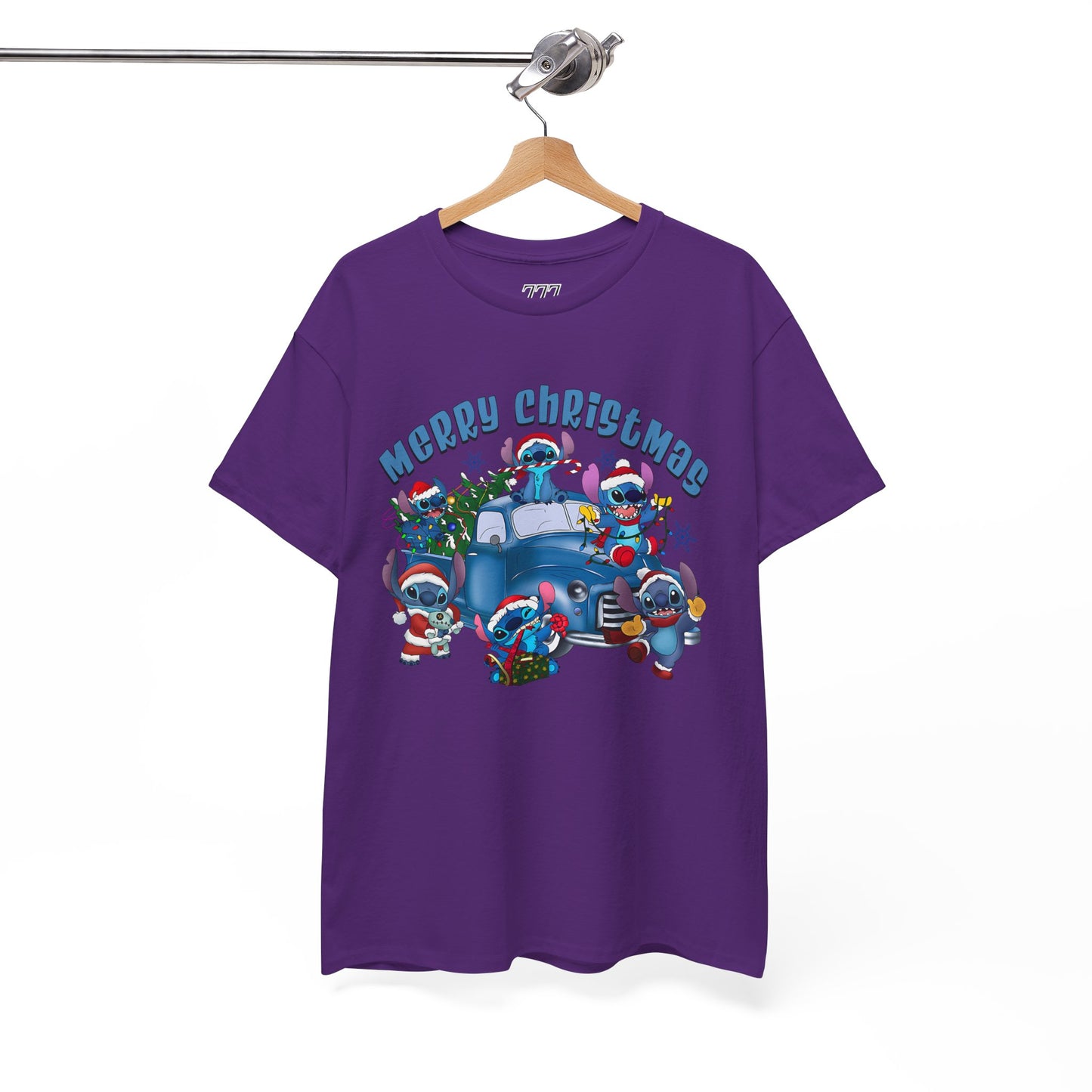 Merry Christmas Unisex Heavy Cotton T-Shirt – Blue Christmas Truck & Cute Holiday Characters Tee