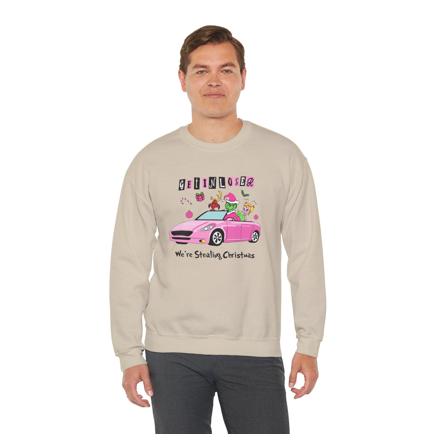 Get In Loser We’re Stealing Christmas Crewneck – Funny Green Holiday Creature Sweatshirt (Unisex)