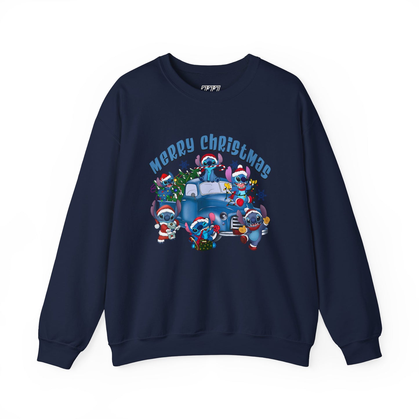 Merry Christmas Unisex Heavy Blend Crewneck Sweatshirt – Blue Christmas Truck & Cute Holiday Characters Sweater