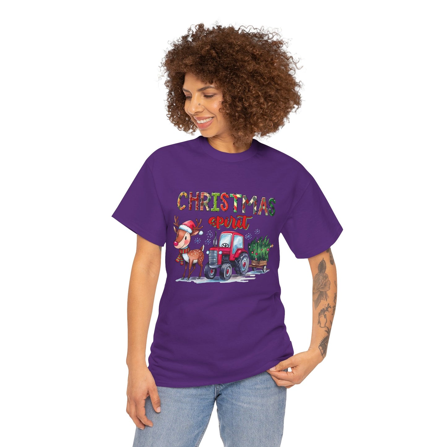 Christmas Spirit Unisex Heavy Cotton T-Shirt – Cute Reindeer & Red Tractor Holiday Tee
