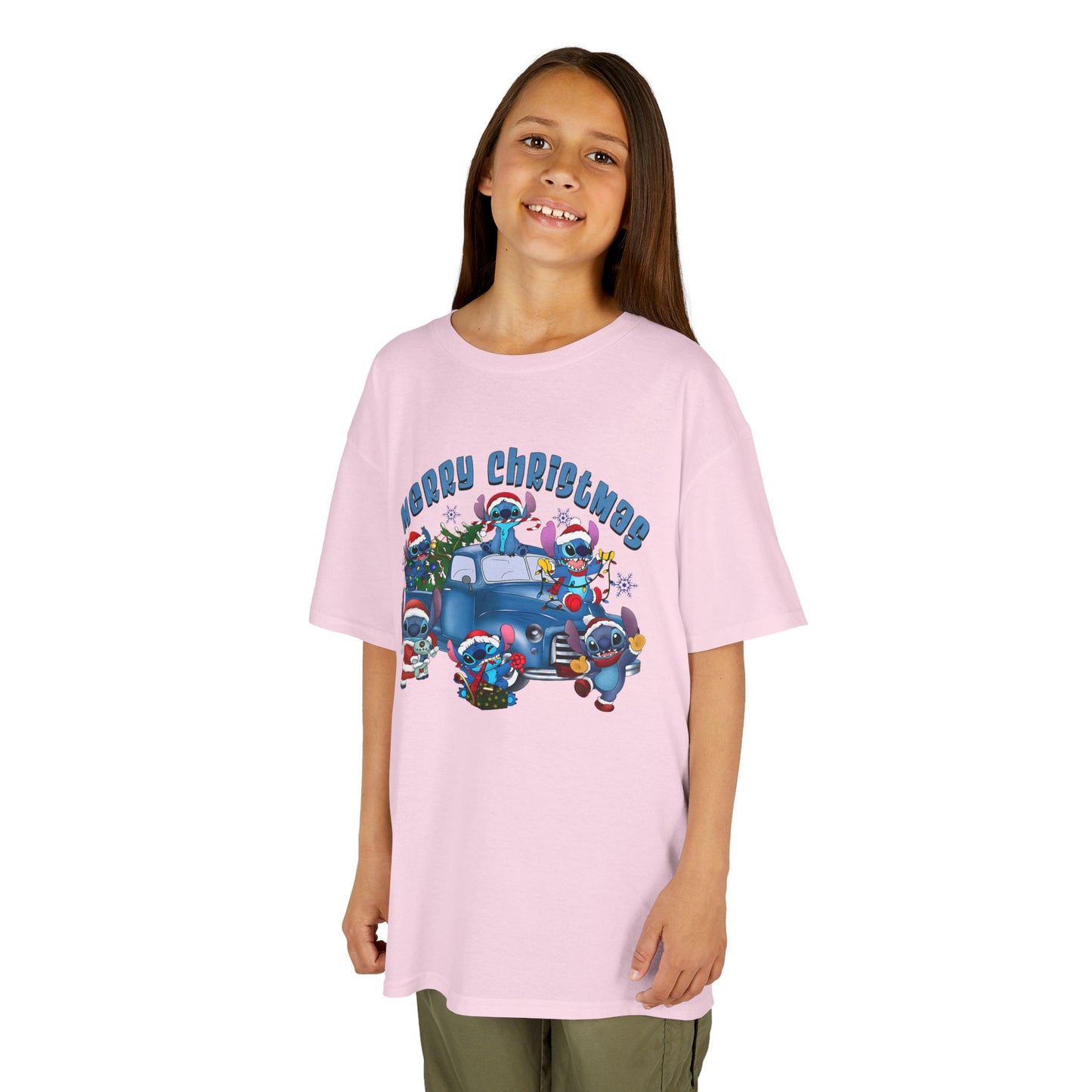 Merry Christmas Kids T-Shirt – Cute Blue Holiday Characters & Christmas Truck Tee