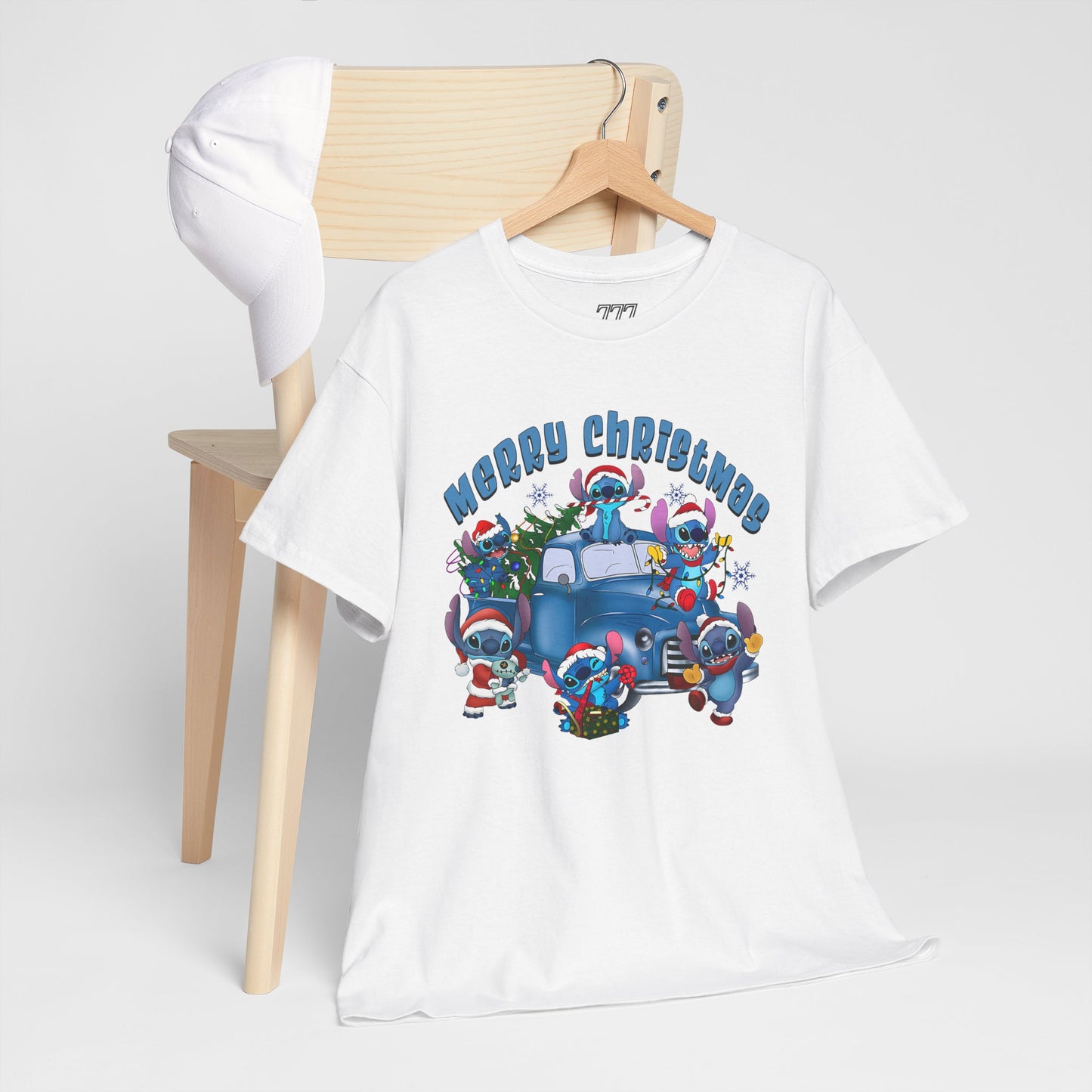 Merry Christmas Unisex Heavy Cotton T-Shirt – Blue Christmas Truck & Cute Holiday Characters Tee