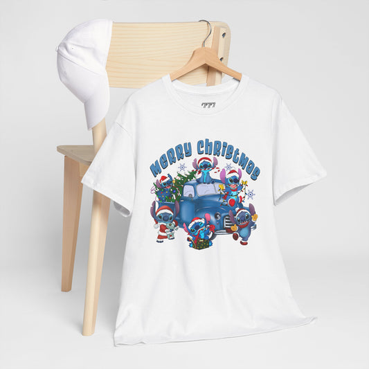Merry Christmas Unisex Heavy Cotton T-Shirt – Blue Christmas Truck & Cute Holiday Characters Tee